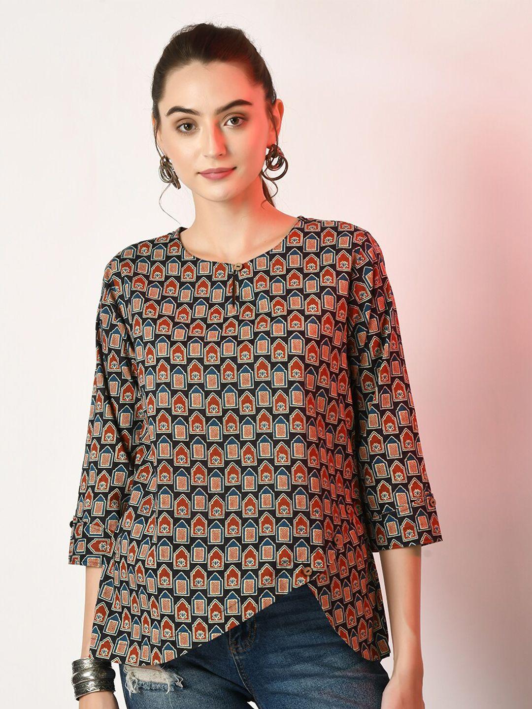 sangria geometric printed keyhole neck pure cotton regular top