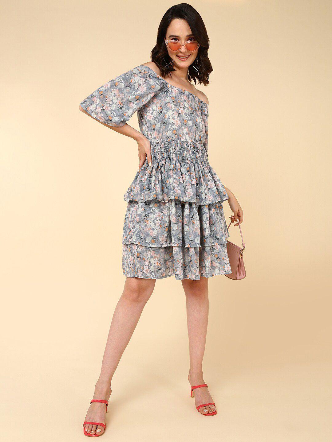 here&now grey floral printed flared sleeves fit & flare dress