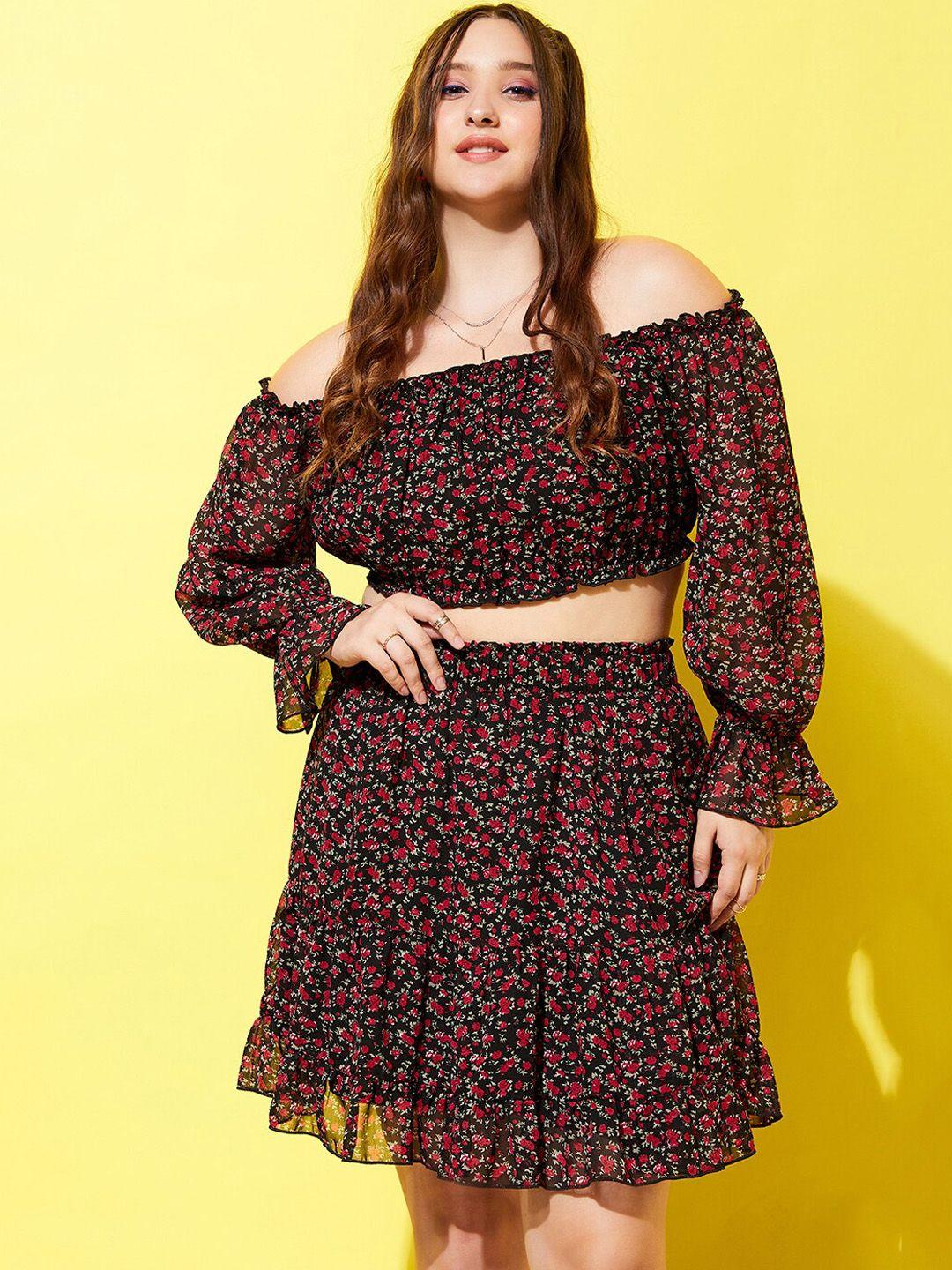 berrylush curve black & red floral printed off shoulder crop top with skirt