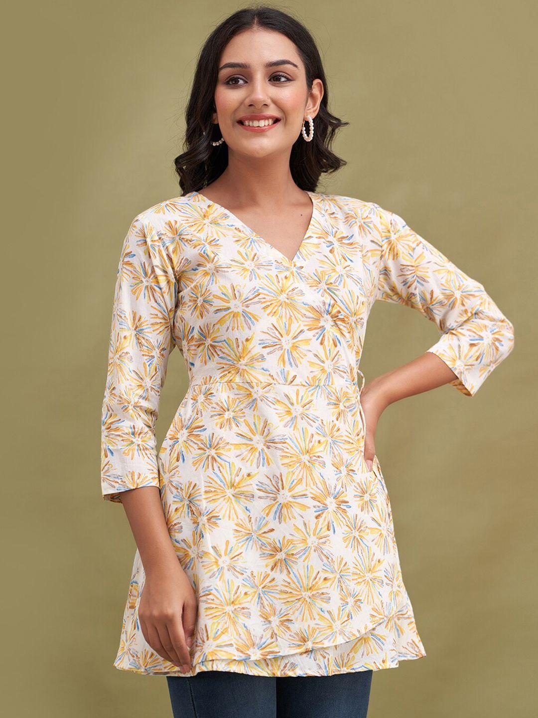 feranoid floral printed angrakha a-line pure cotton kurti