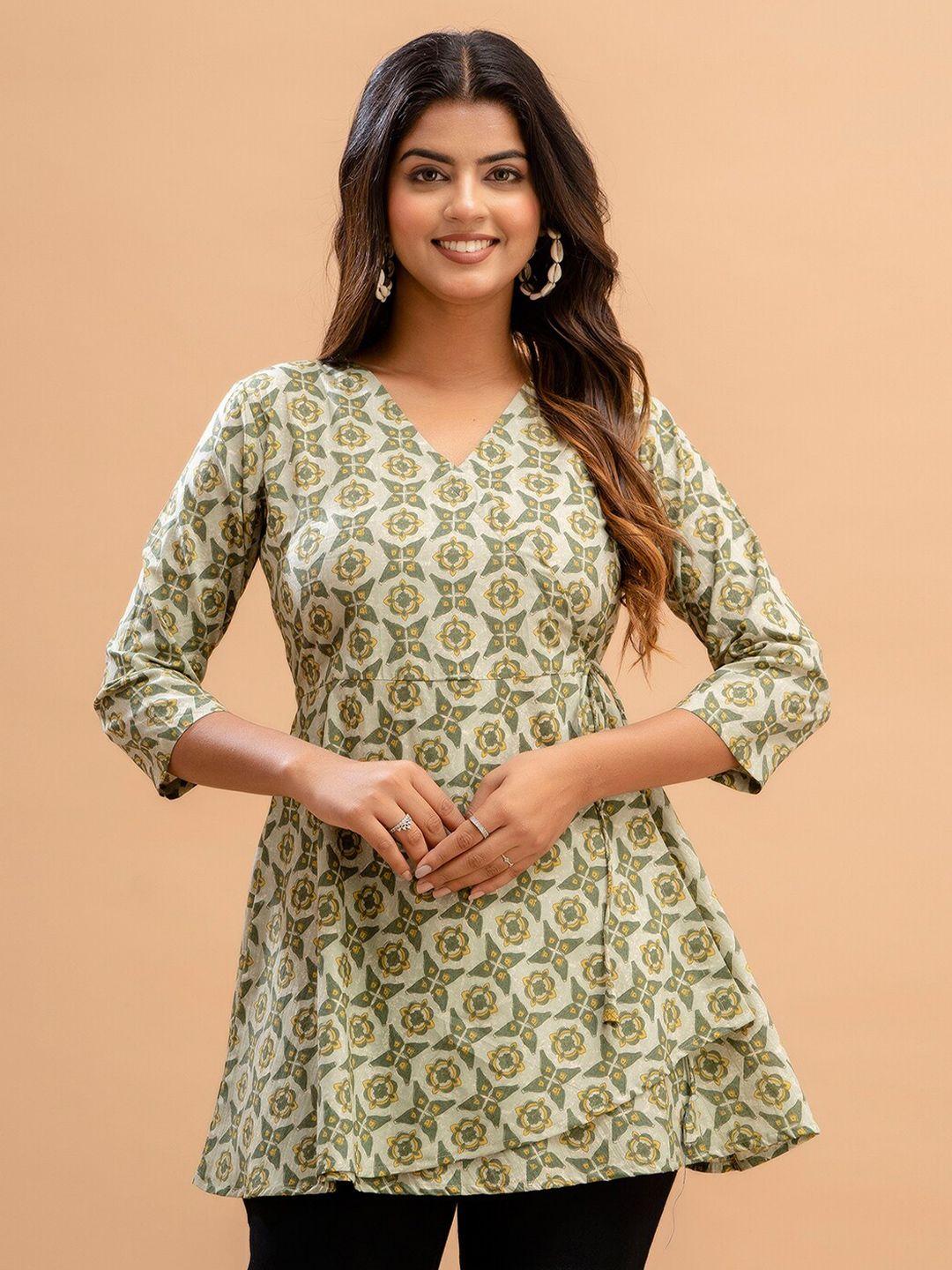 feranoid ethnic printed v-neck pure cotton a-line kurti