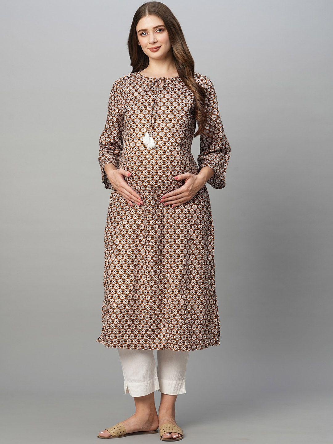 momtobe ethnic motifs printed keyhole neck thread work maternity kurta