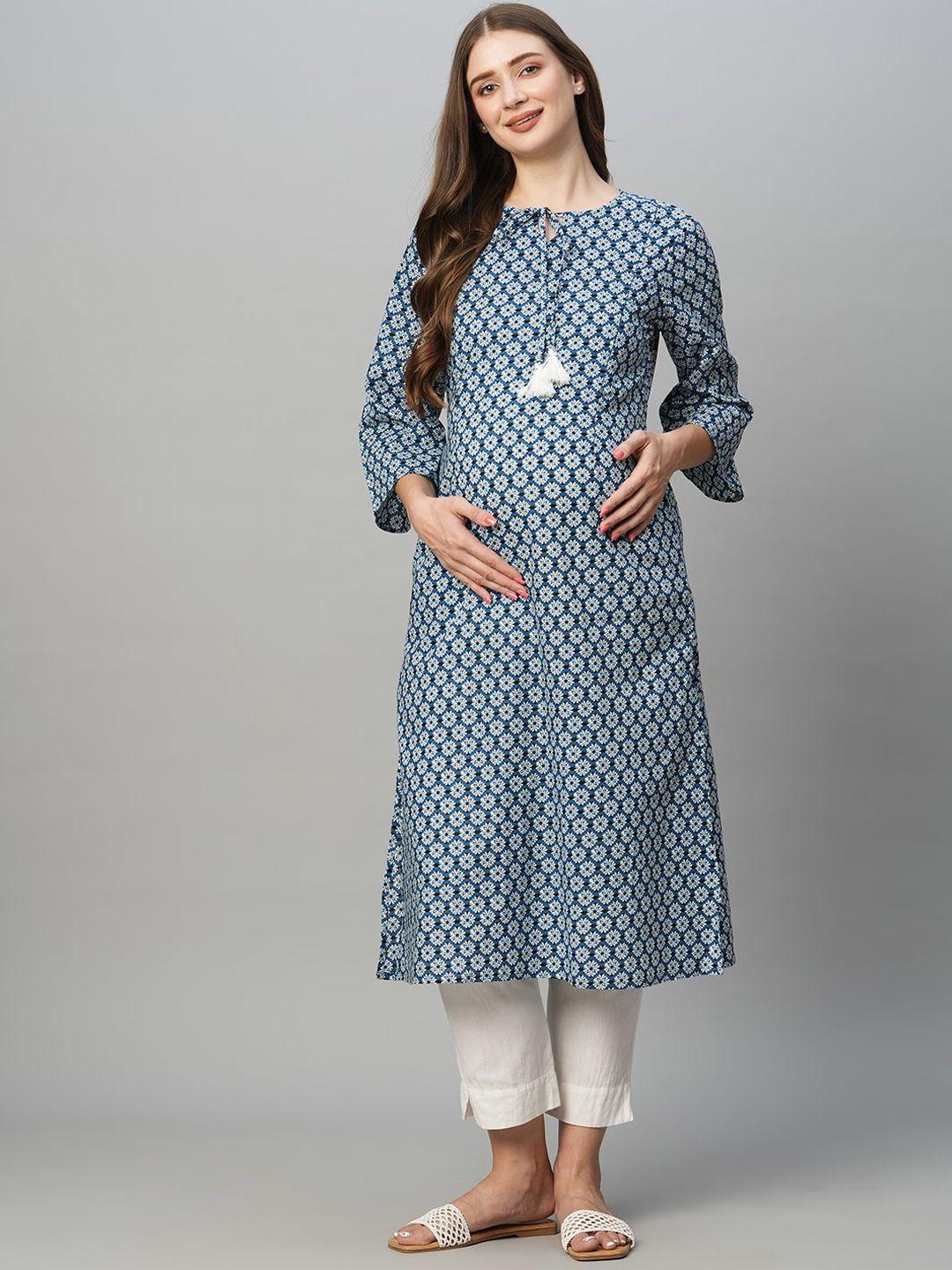 momtobe ethnic motifs printed keyhole neck thread work maternity kurta