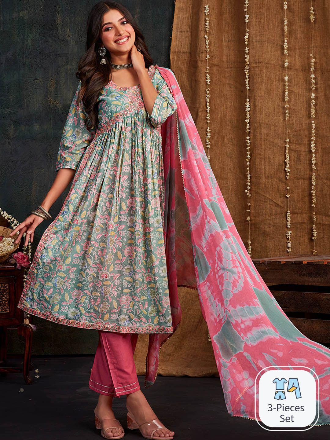 ishin grey floral printed thread work pure cotton a-line kurta & trousers with dupatta