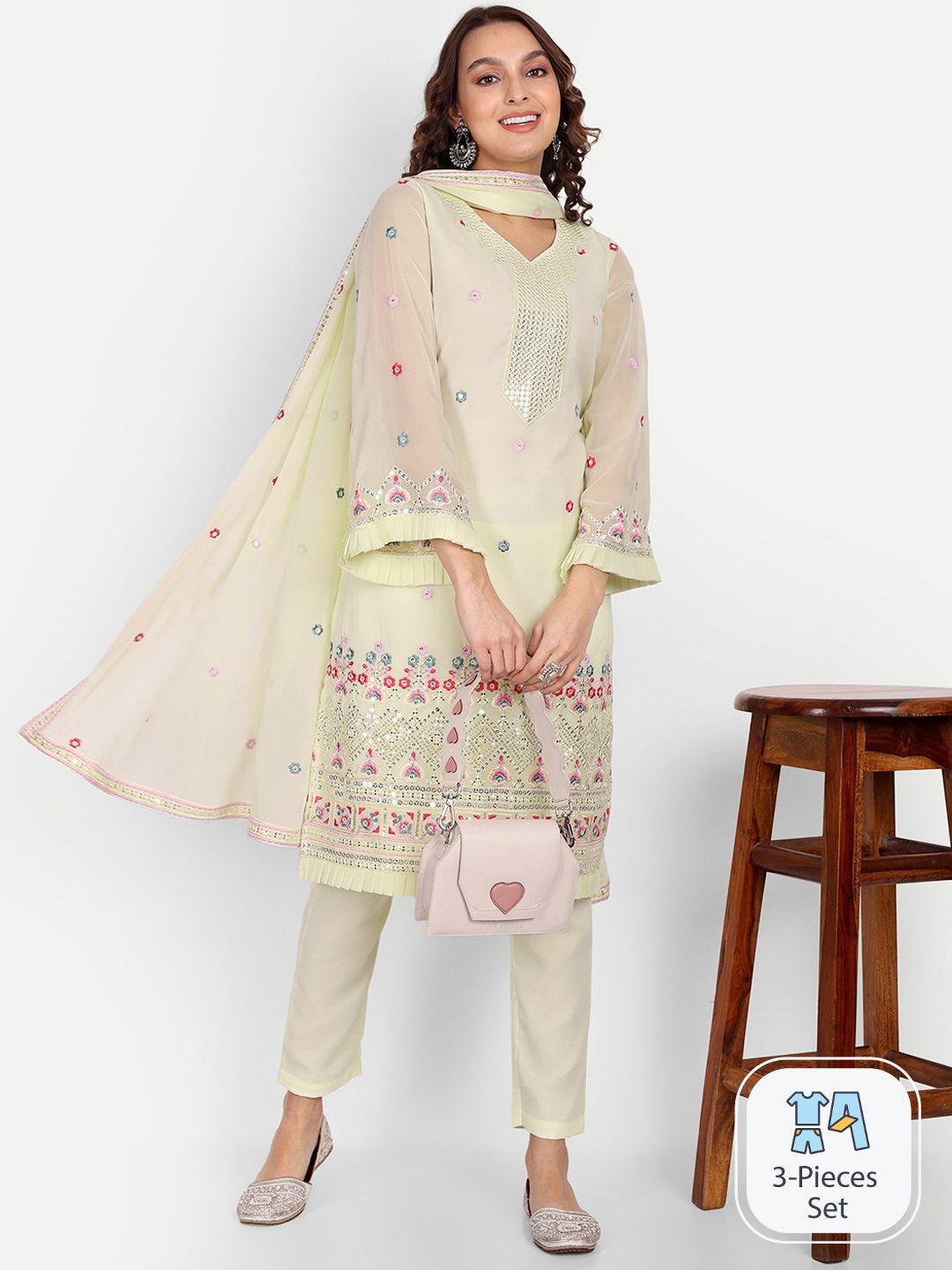 growish ethnic motifs embroidered sequinned georgette kurta with trousers & dupatta