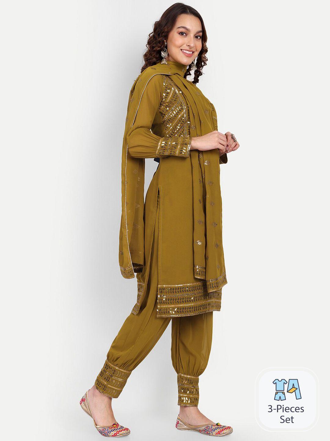 growish yoke design sequinned regular kurta with patiala & dupatta