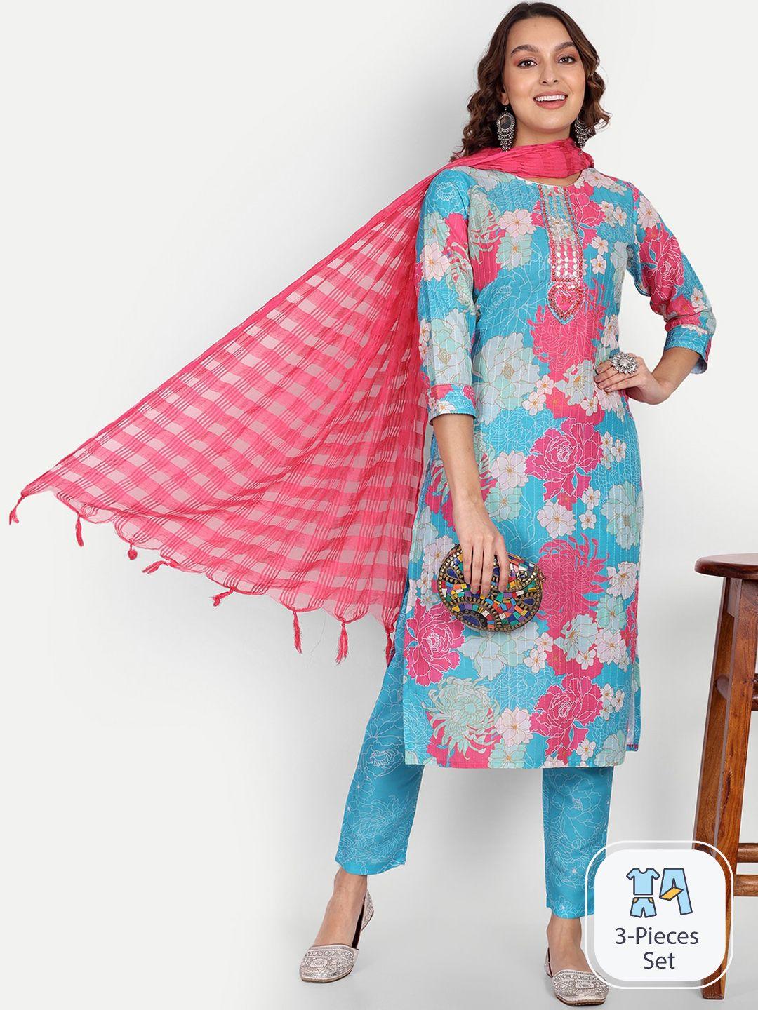 growish floral printed regular kurta with trousers & dupatta