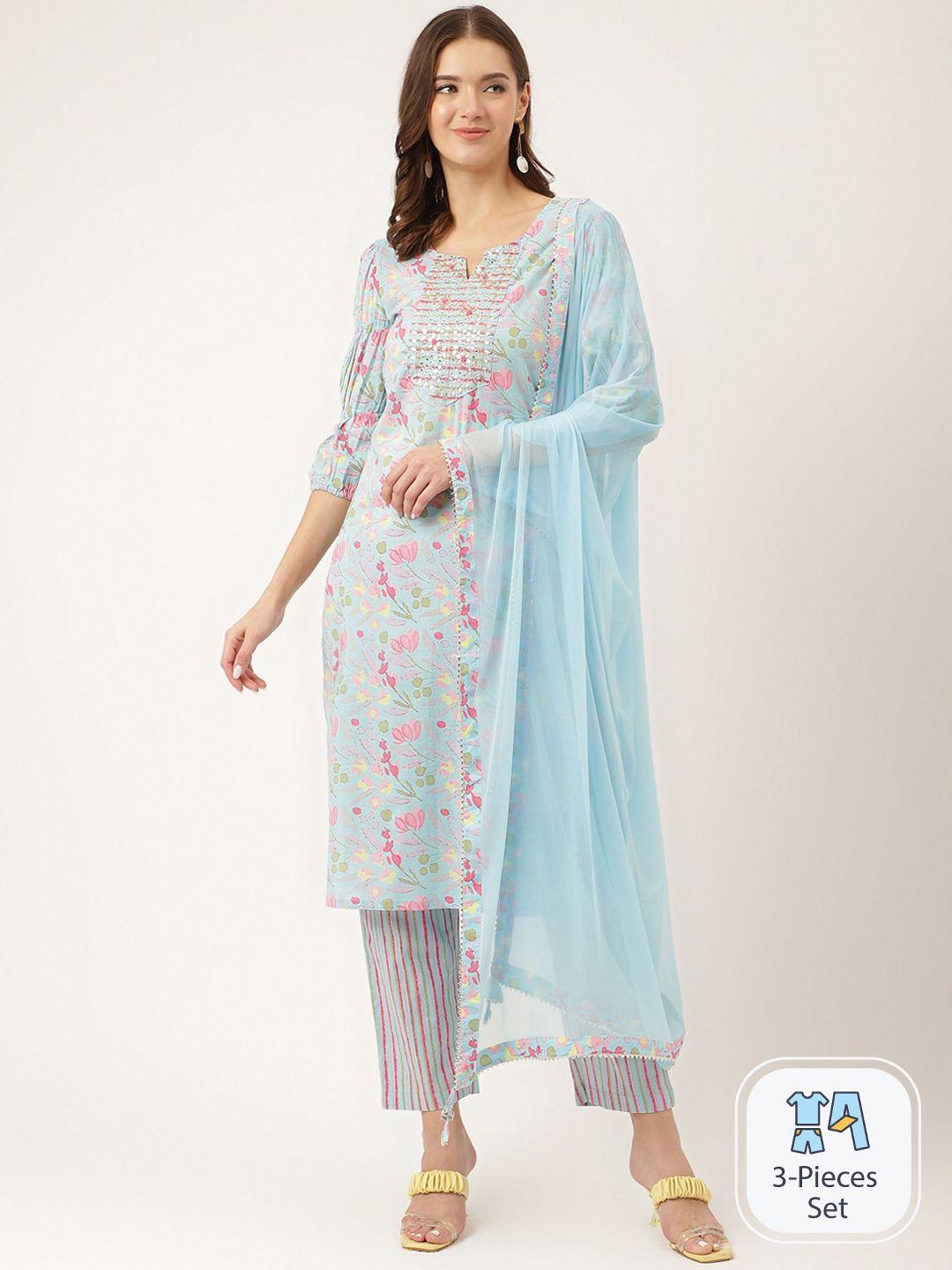 divena floral printed mirror work pure cotton straight kurta &trousers with dupatta