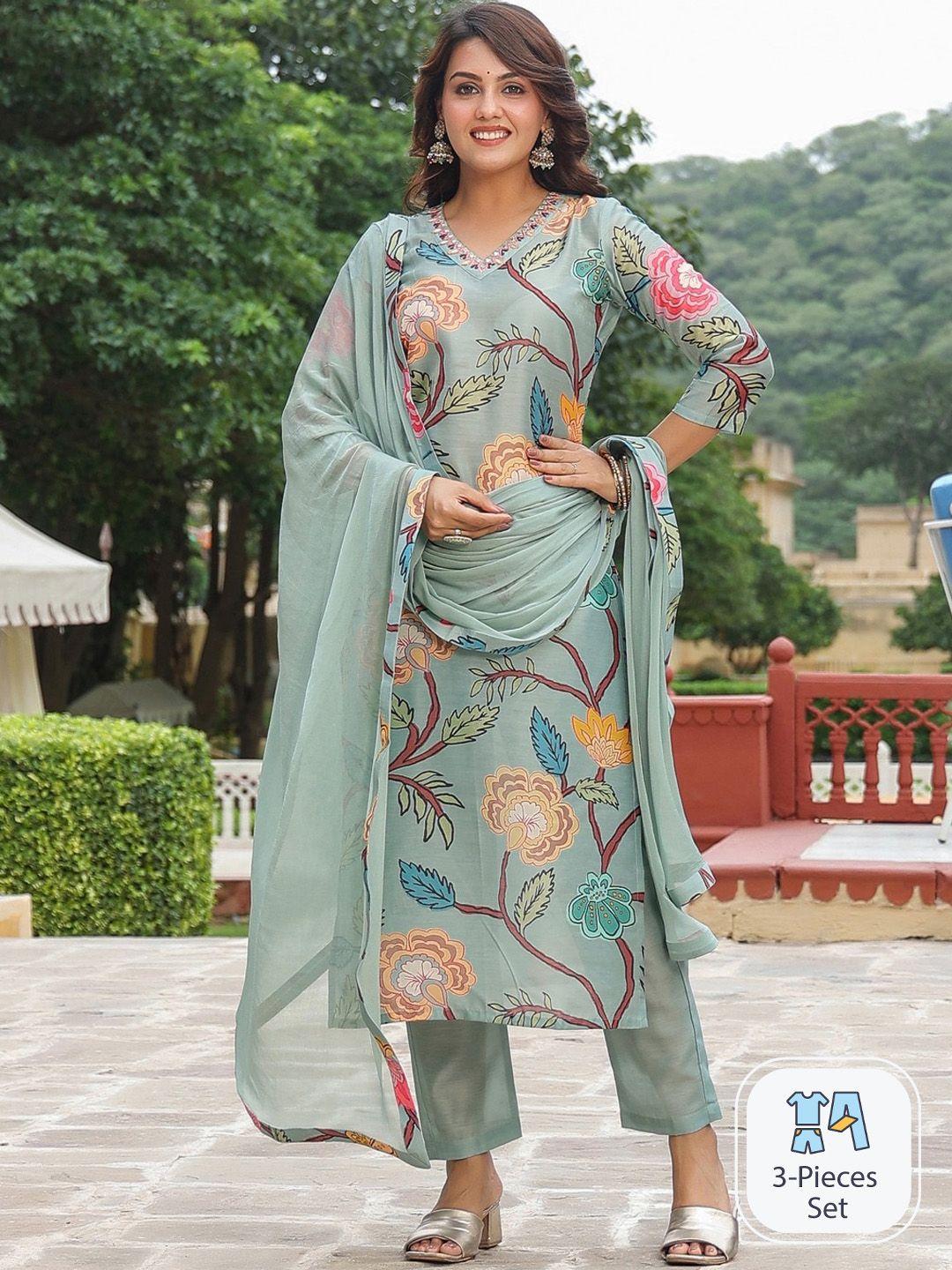 kalini floral printed v-neck straight kurta & trousers with dupatta