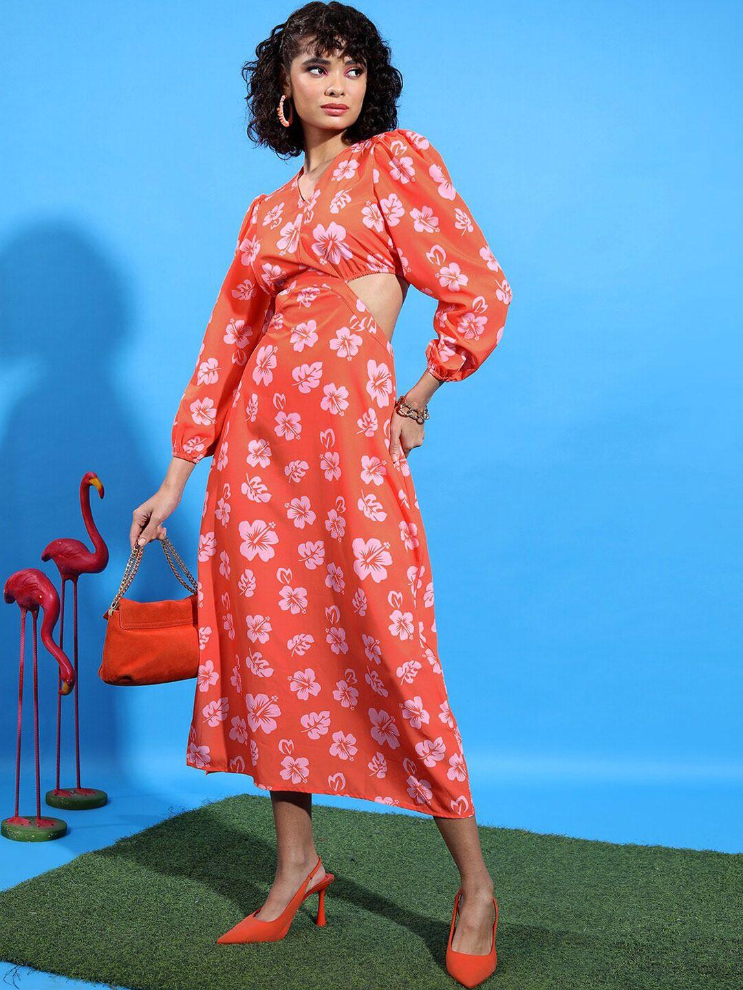 tokyo talkies orange floral printed v-neck puff sleeve cut-outs fit & flare midi dress