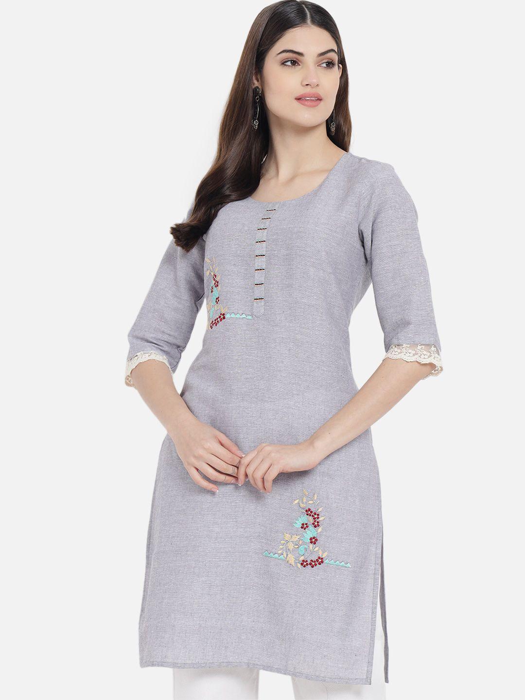 aayumi floral embroidered round neck three-quarter sleeve cotton kurta