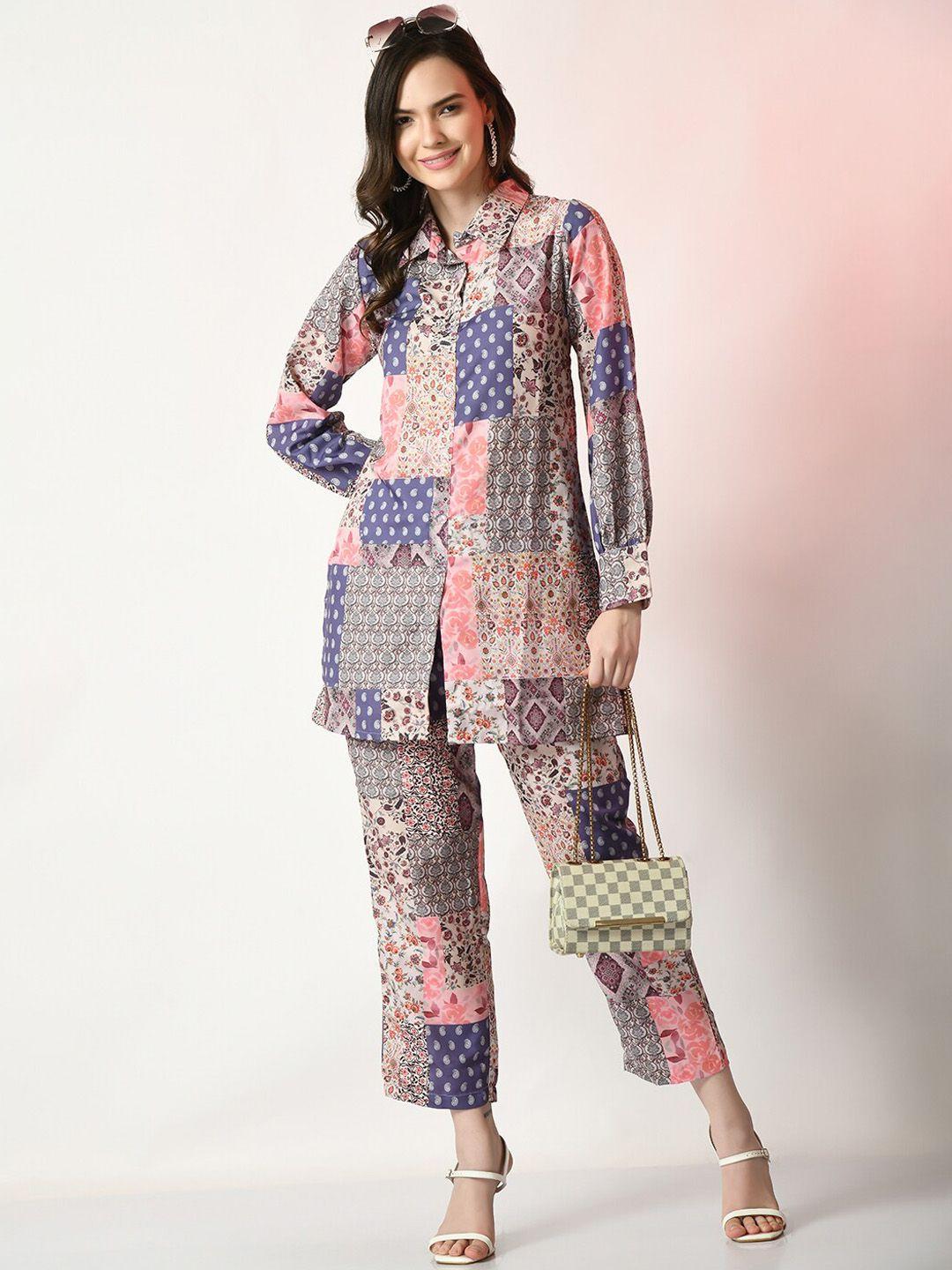 sangria shirt collar floral printed linen shirt with trousers co-ords