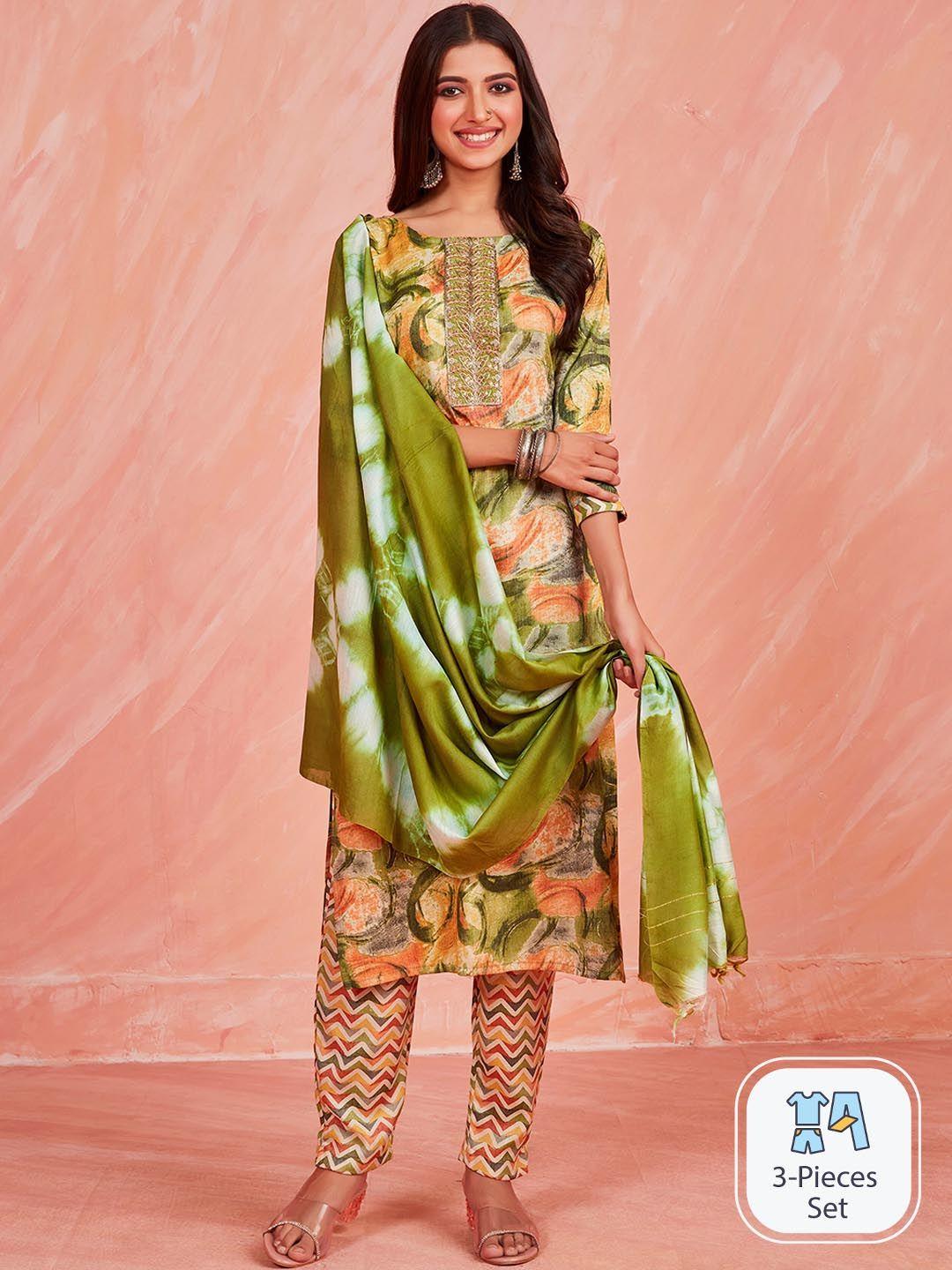 ishin printed thread work kurta with trousers & dupatta