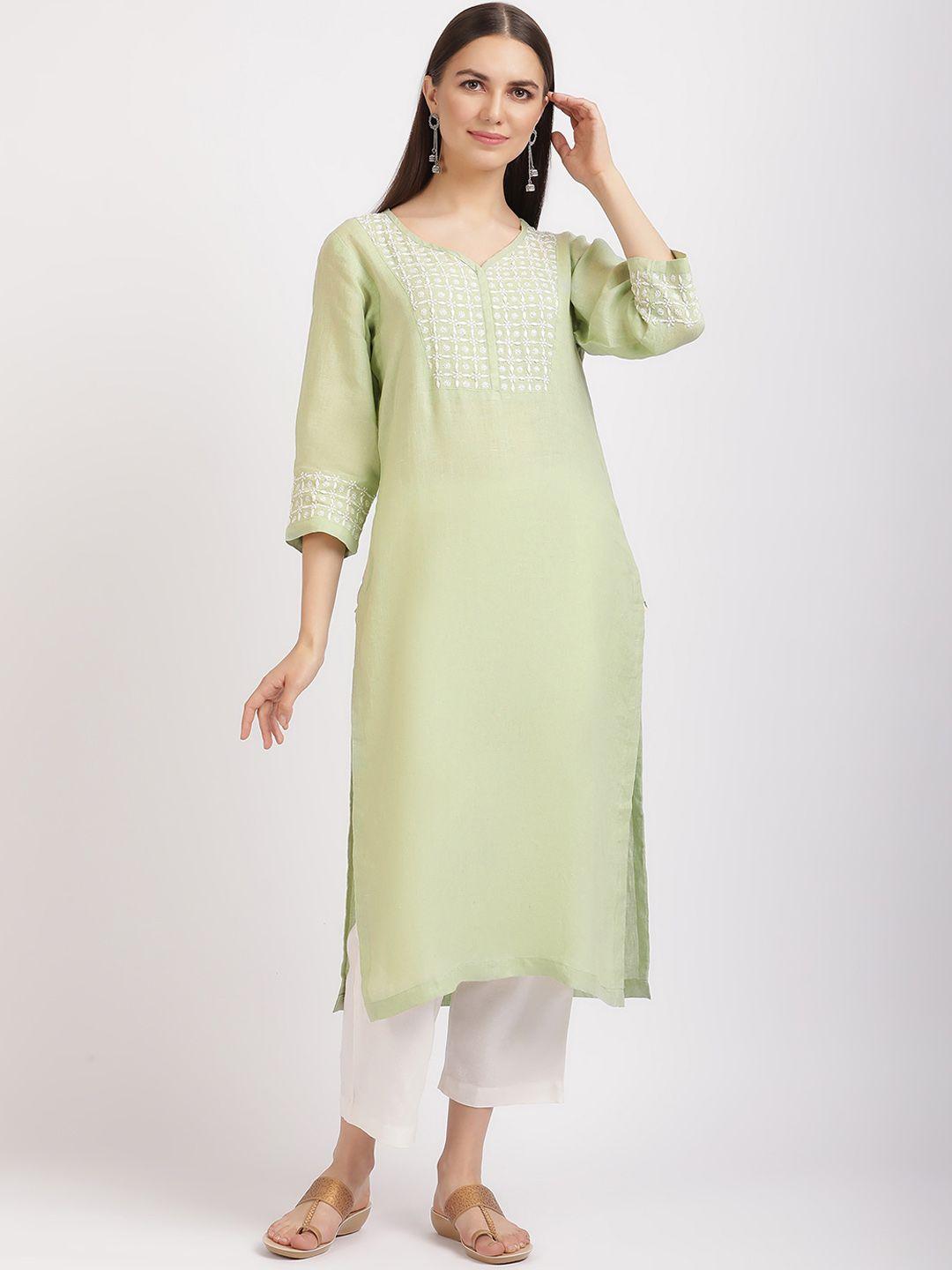 linen club woman floral embroidered v-neck chikankari straight kurta