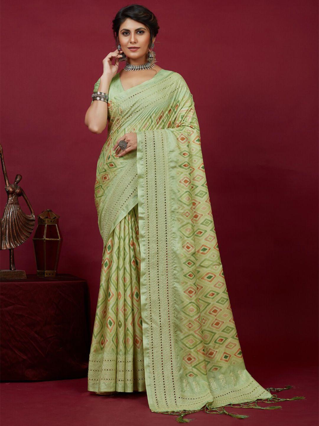 mitera olive green & red geometric printed silk cotton saree