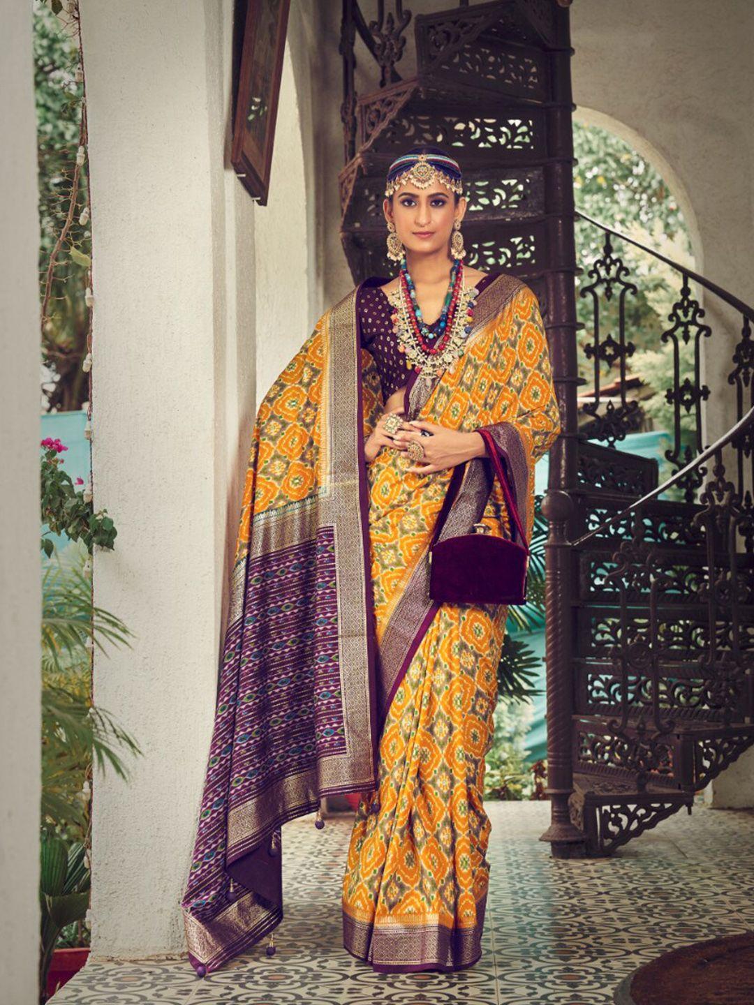 mitera mustard yellow geometric printed zari detailed silk cotton ikat saree