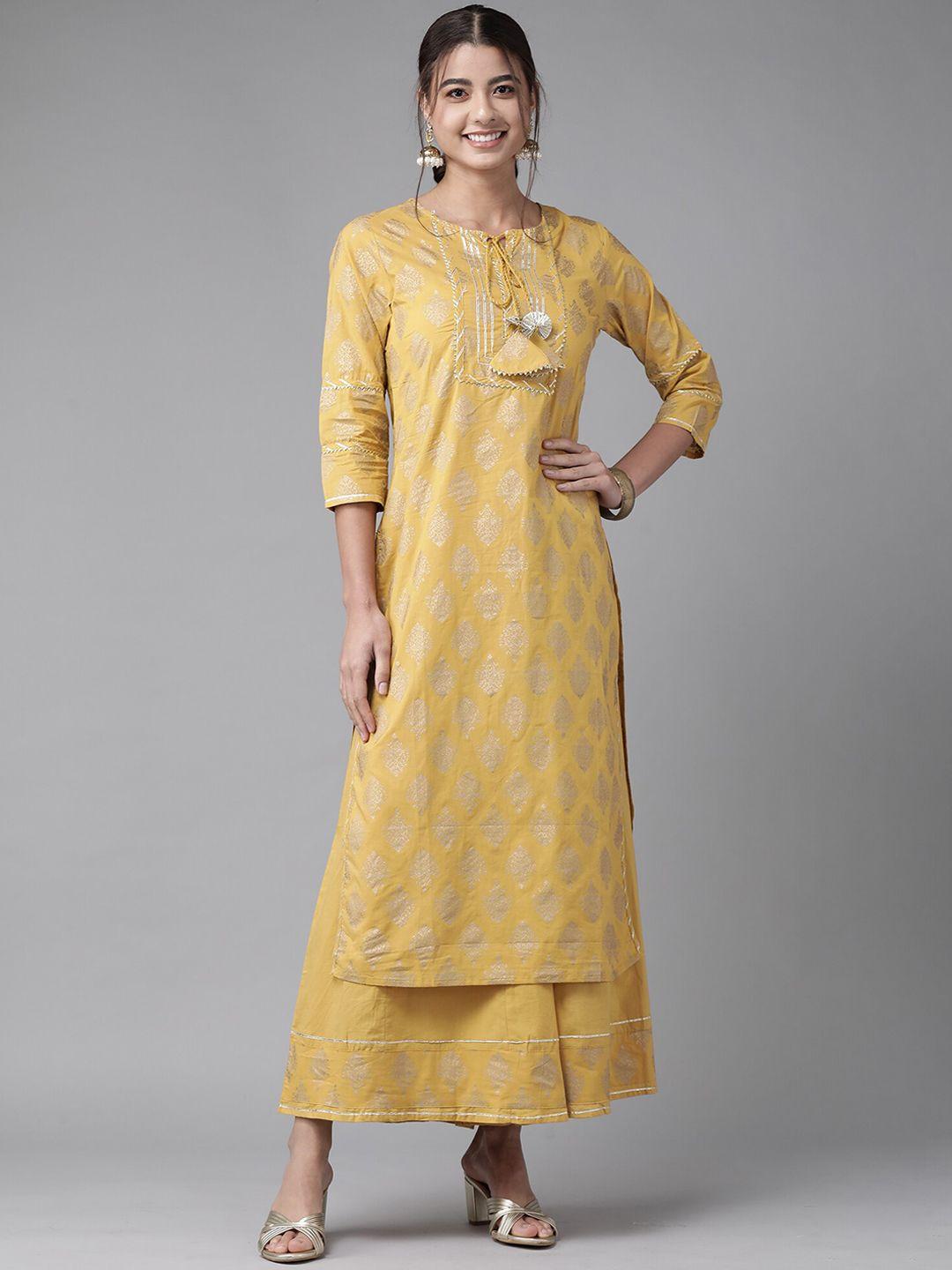 indo era women ethnic motifs printed regular gotta patti pure cotton kurta with sharara