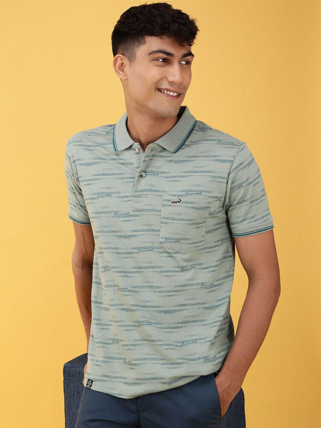 crocodile striped polo collar slim fit cotton t-shirt