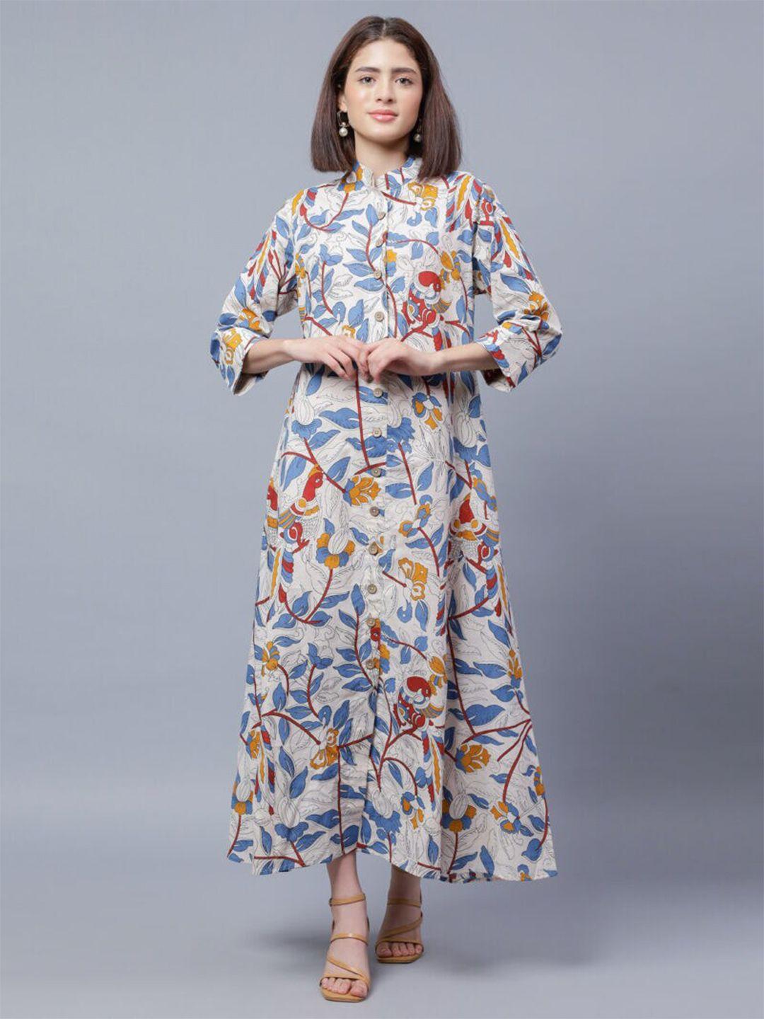 entellus ethnic printed mandarin collar a-line midi dress