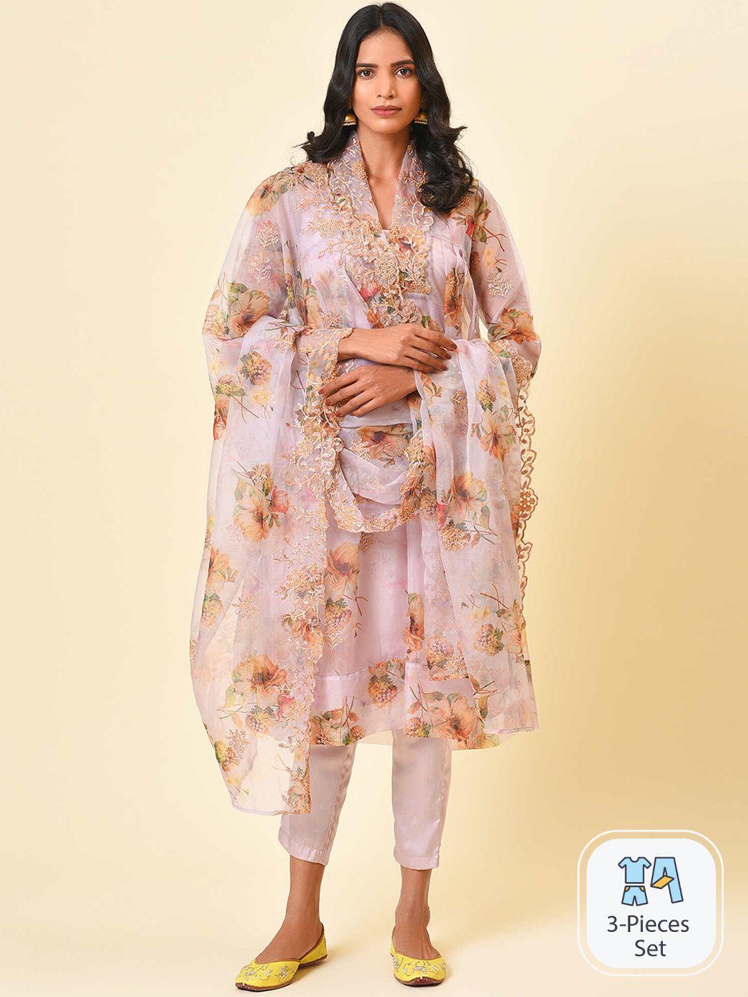 nuhh floral printed v-neck thread work detail kurta & trousers with dupatta