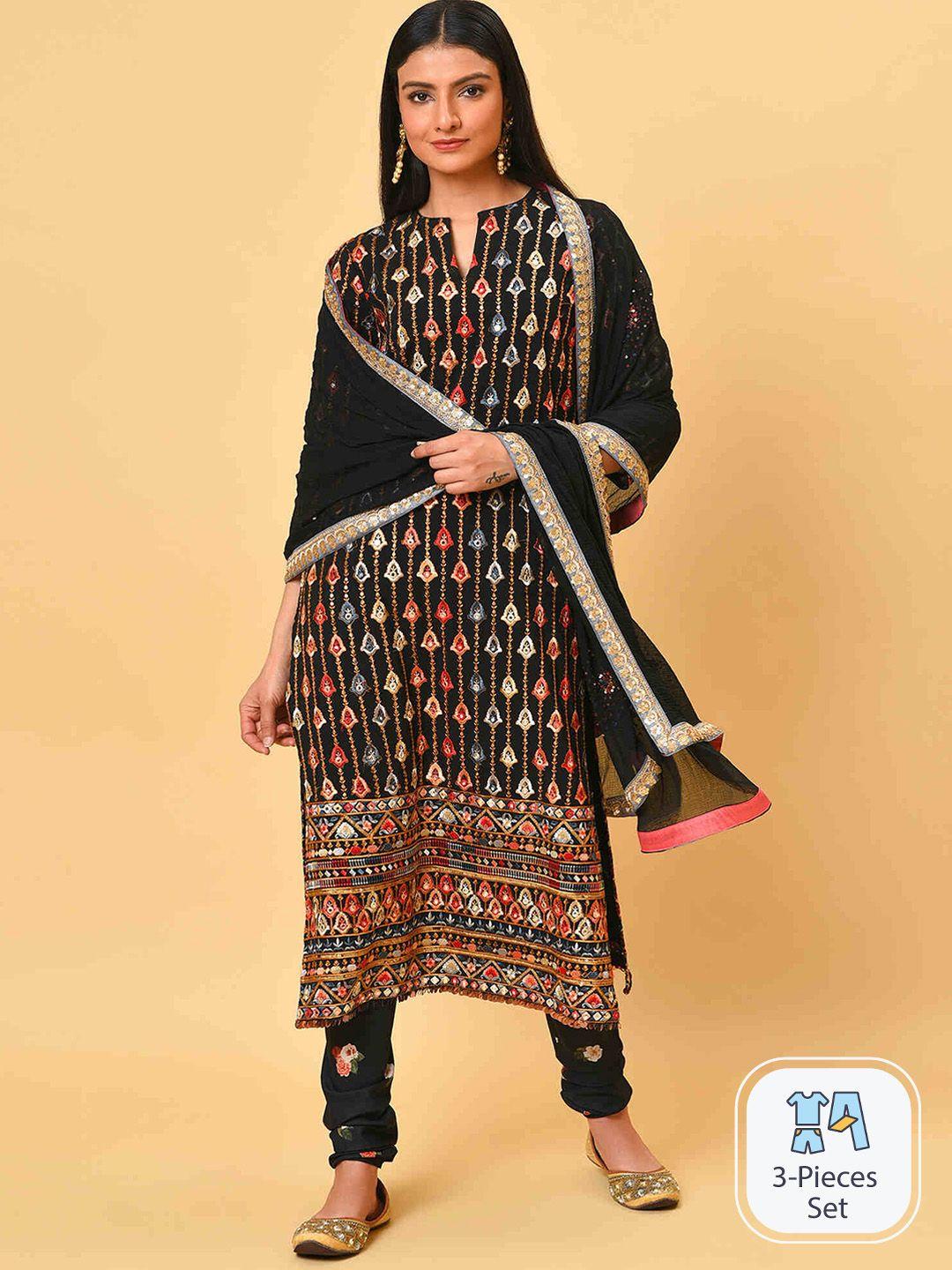 nuhh floral embroidered kurta & churidar with dupatta