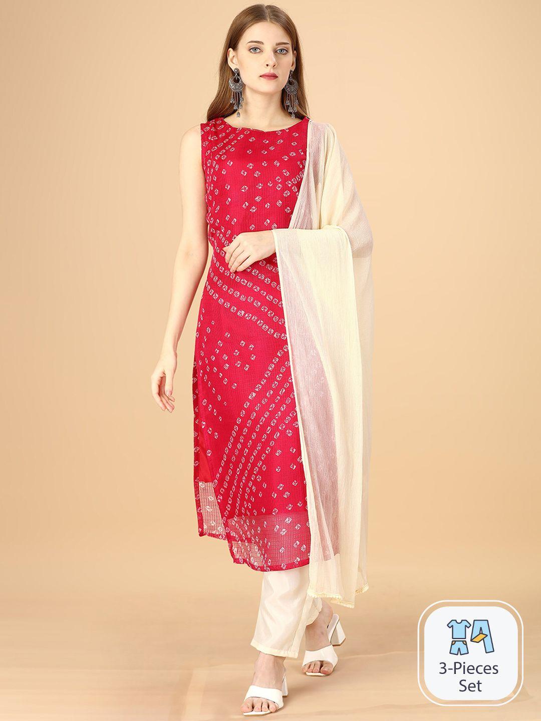 heemara women bandhani printed regular kurta with trousers & with dupatta