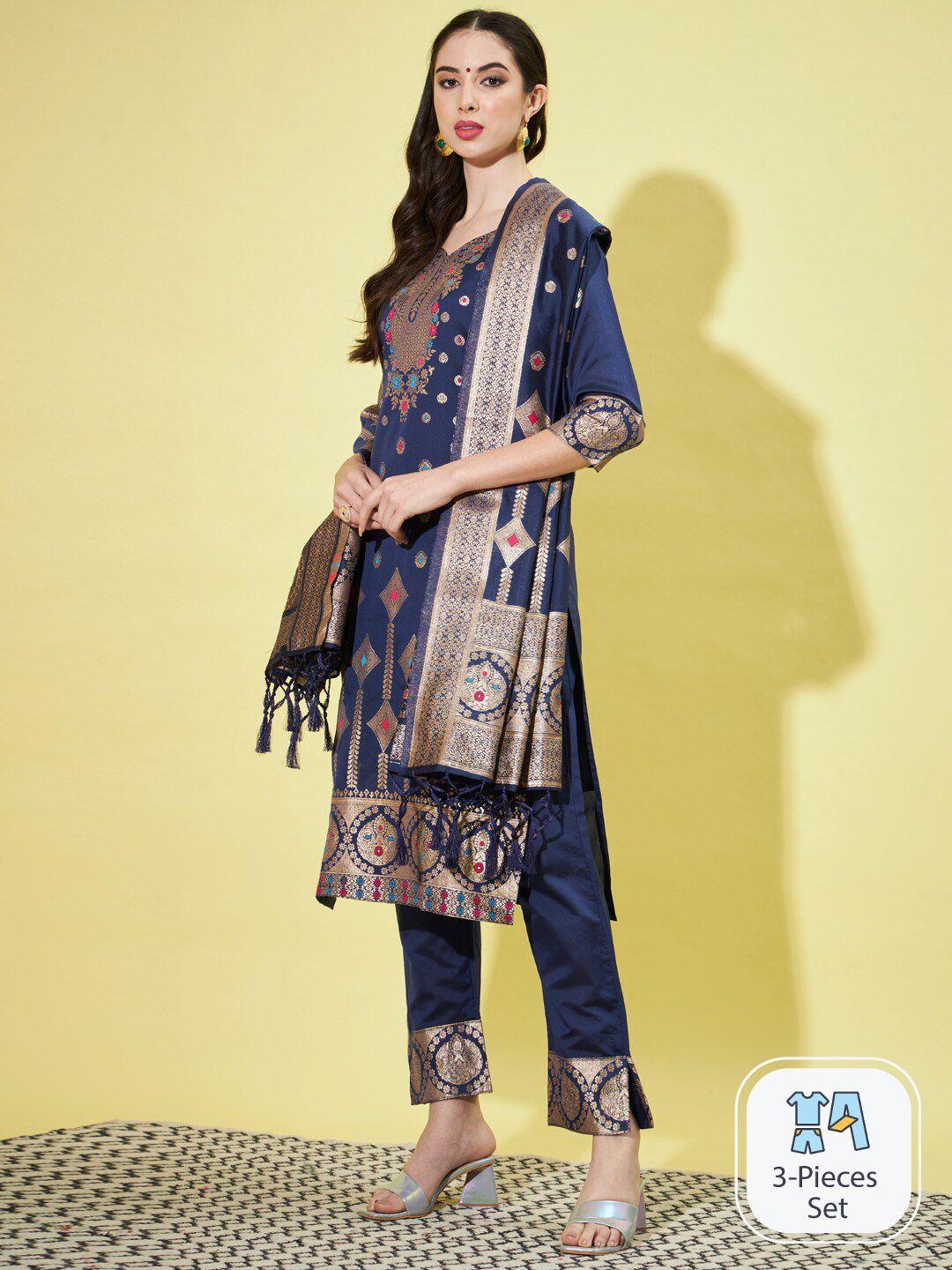 pptoss ethnic motifs woven design zari kurta with trousers & dupatta