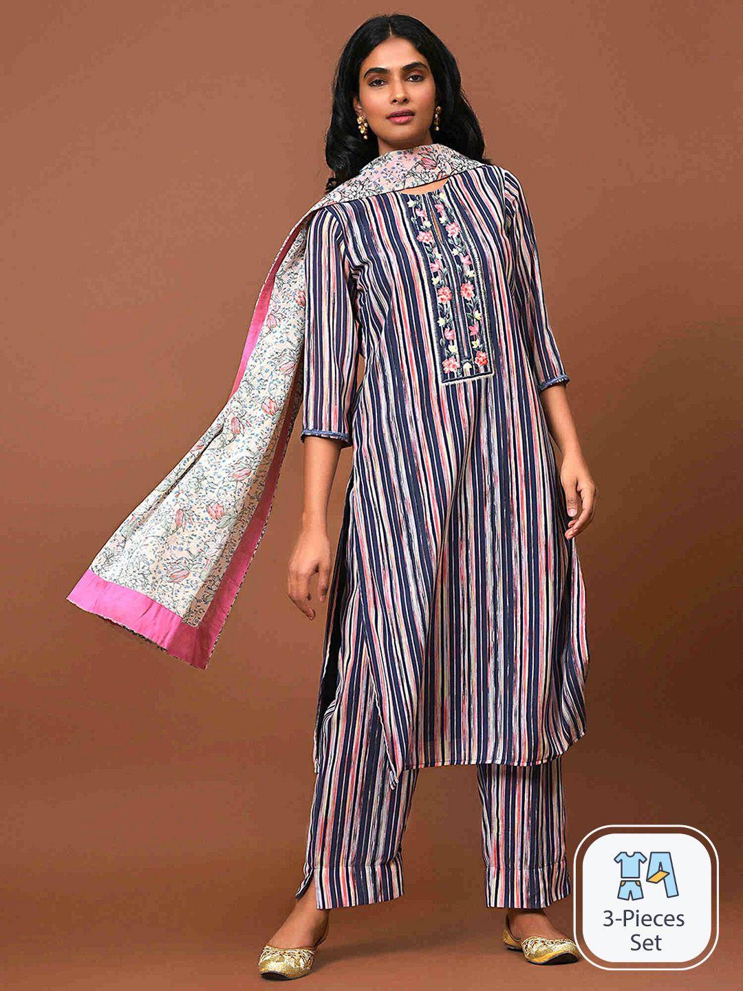 nuhh striped regular georgette kurta with trousers & dupatta