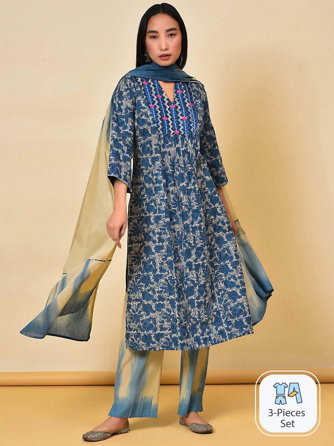 nuhh floral printed pure cotton regular kurta with trousers & with dupatta