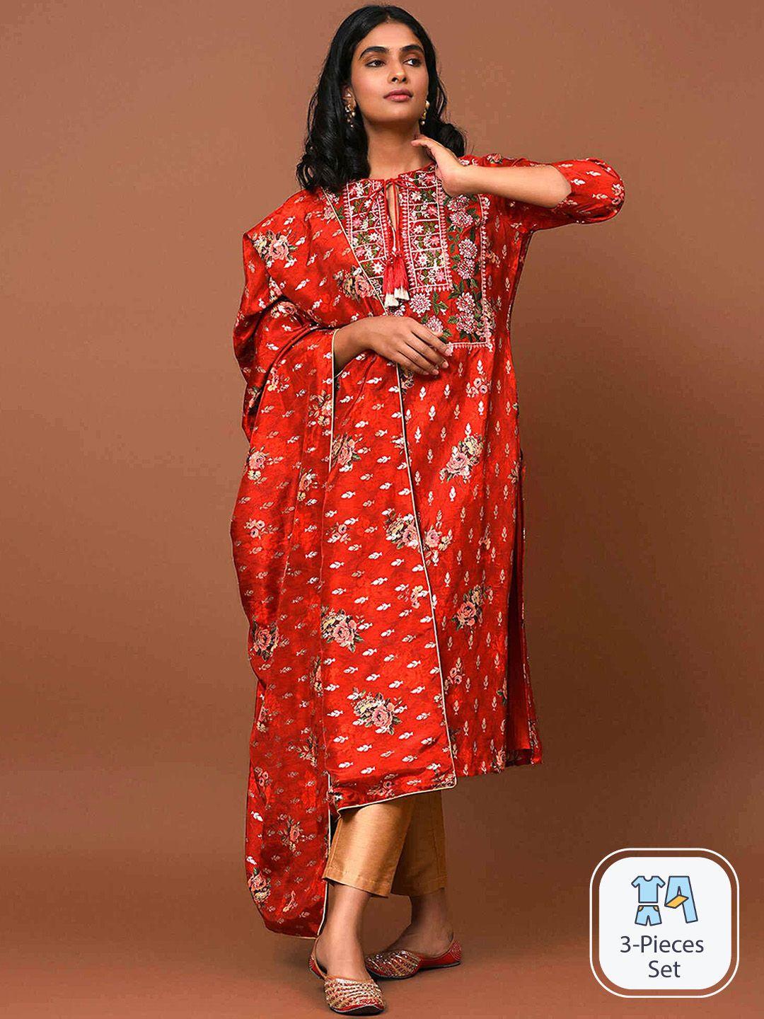 nuhh floral printed regular tie-up neck jacquard kurta with trousers & dupatta