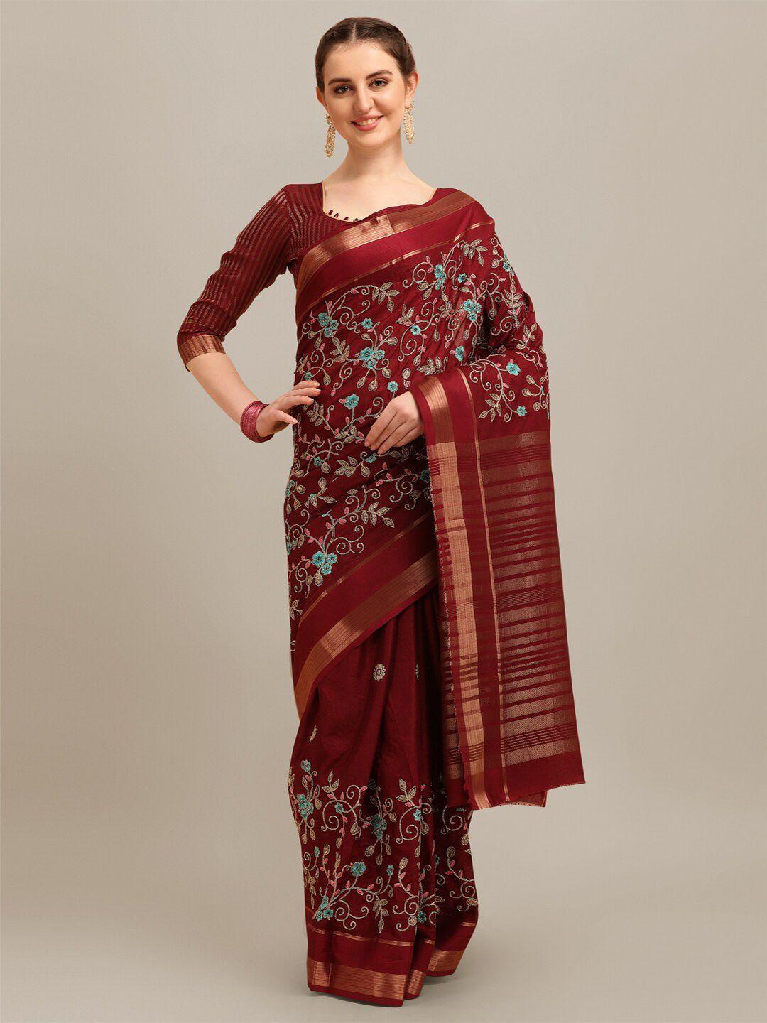 mitera maroon, blue & gold-toned floral embroidered zari silk cotton saree