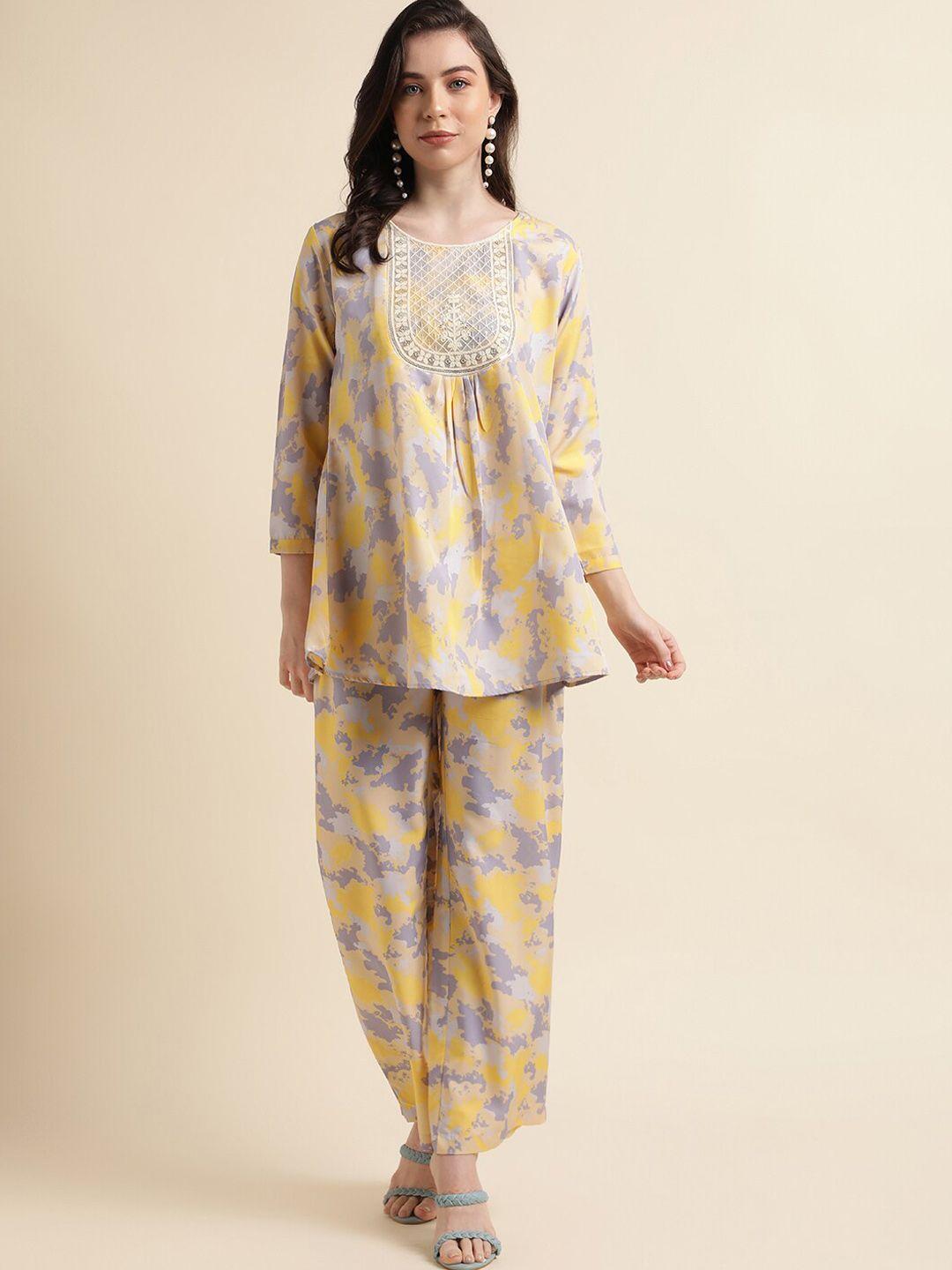 here&now abstract printed thread work tunic with trouser co-ords