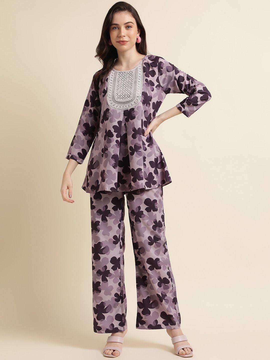 here&now floral printed thread work tunic top with trouser co-ords