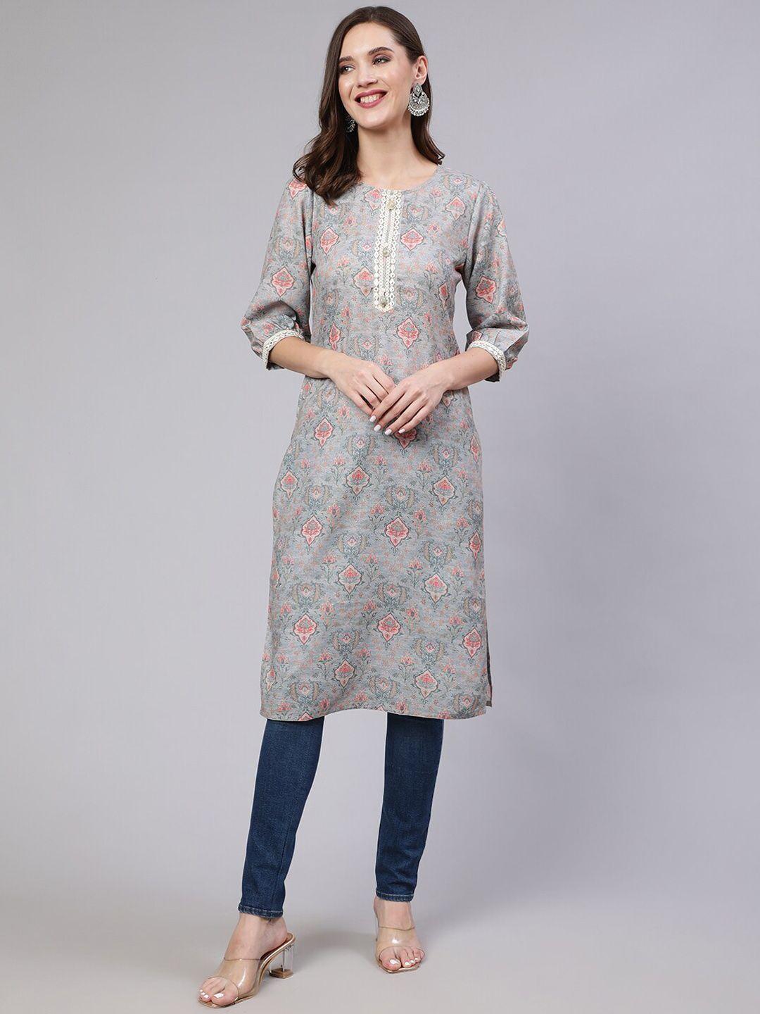 jaipur kurti floral printed puff sleeves mirror work kurta