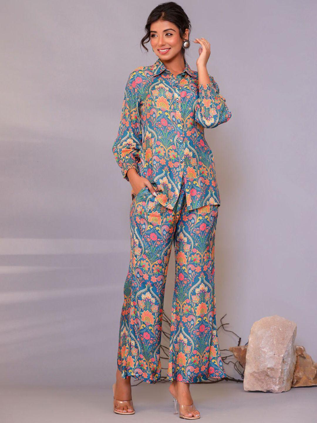 meena bazaar floral printed muslin shirt & trousers