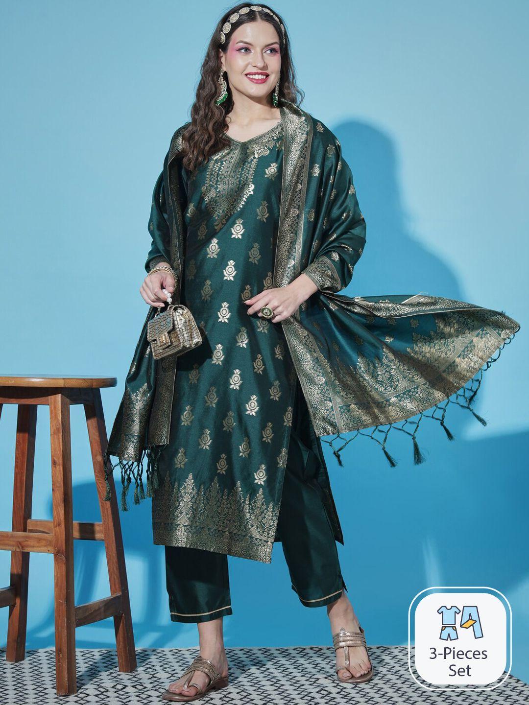 pptoss ethnic motifs woven design regular kurta with trousers & with dupatta