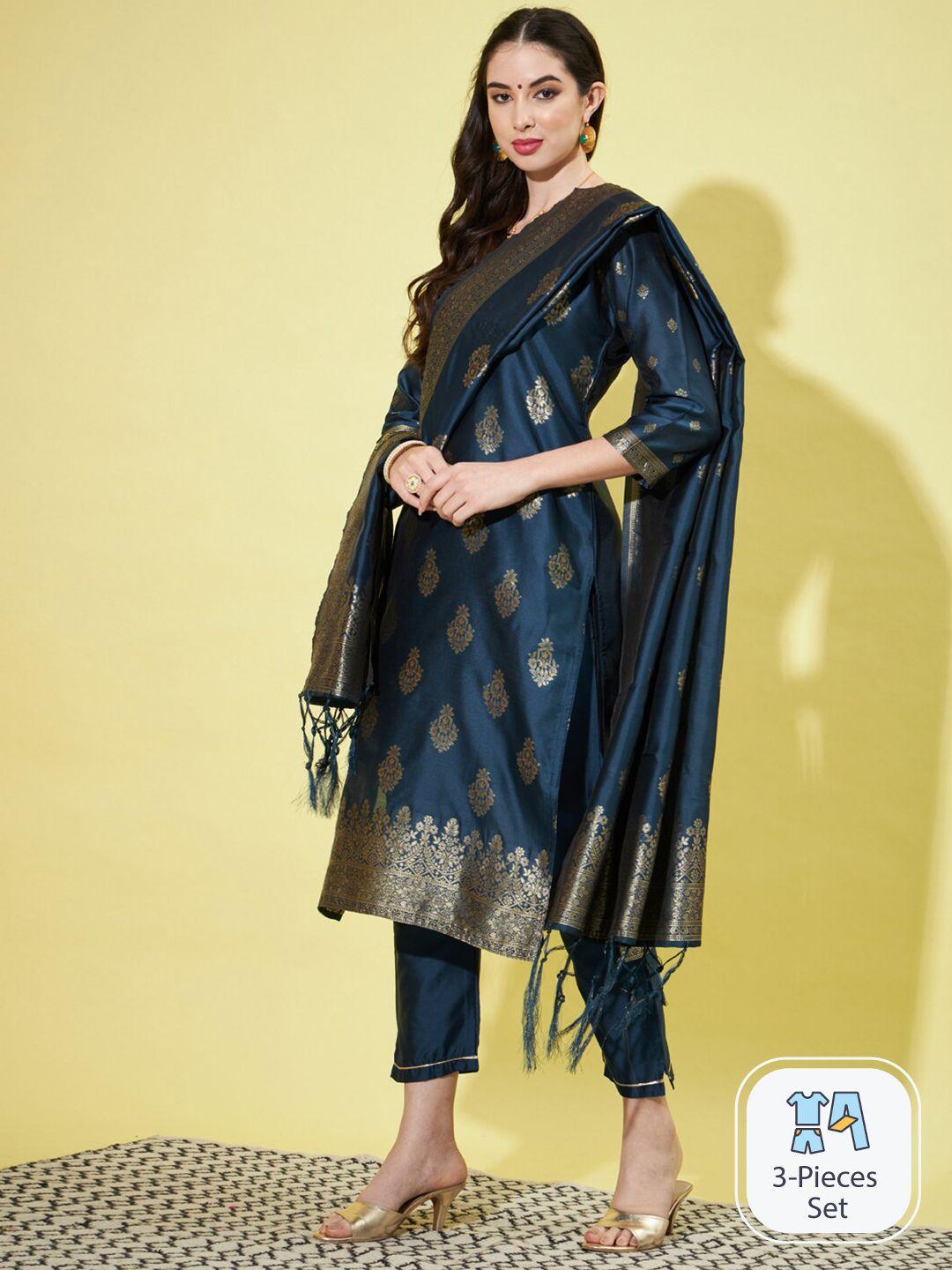 pptoss ethnic motifs woven design regular kurta with trousers & with dupatta