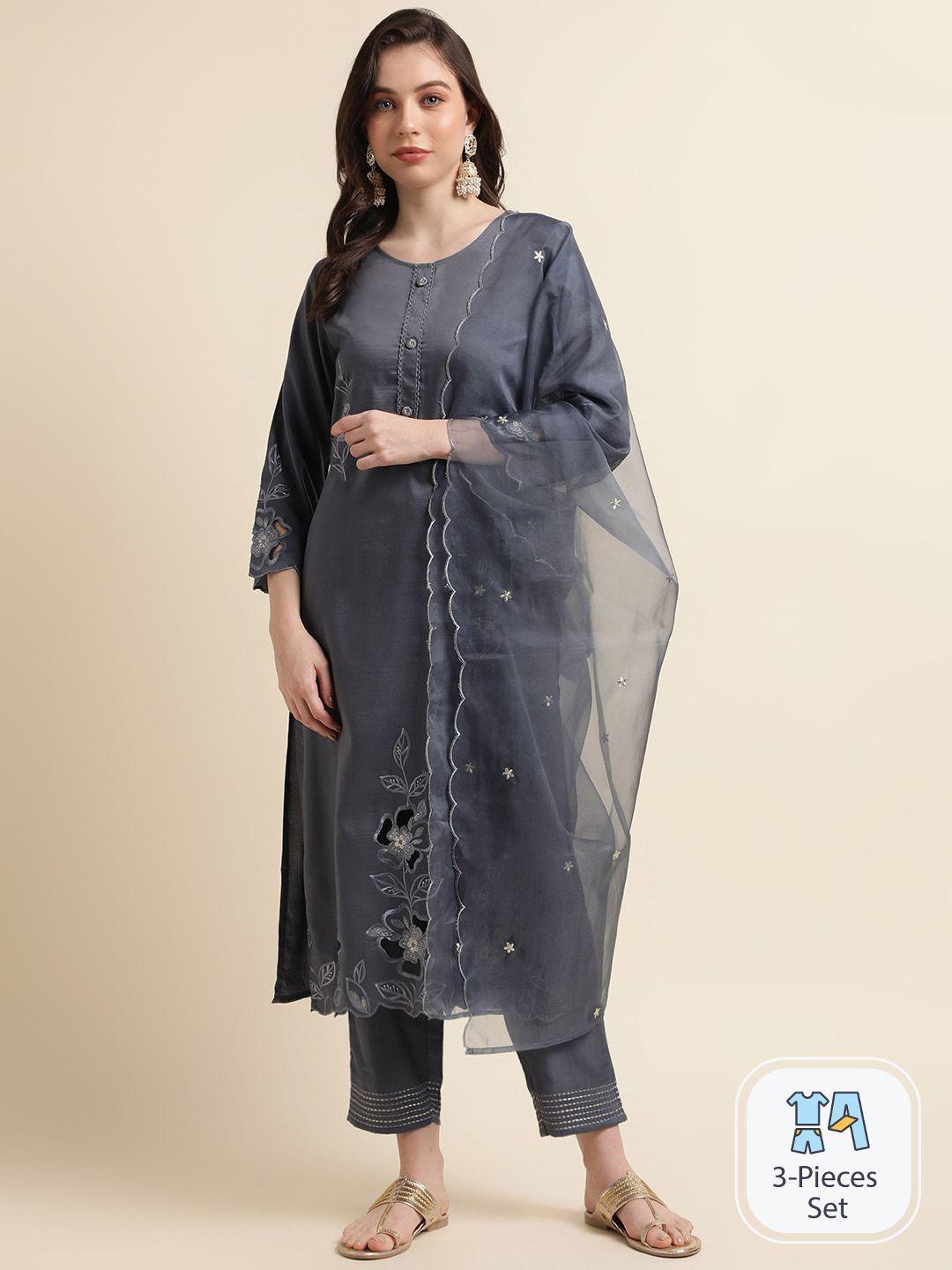 sangria floral embroidered straight kurta with trouser & dupatta