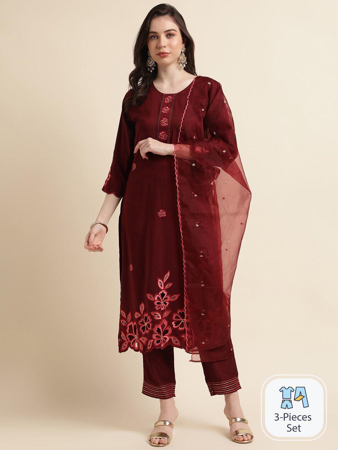 sangria floral embroidered straight kurta with trouser & dupatta