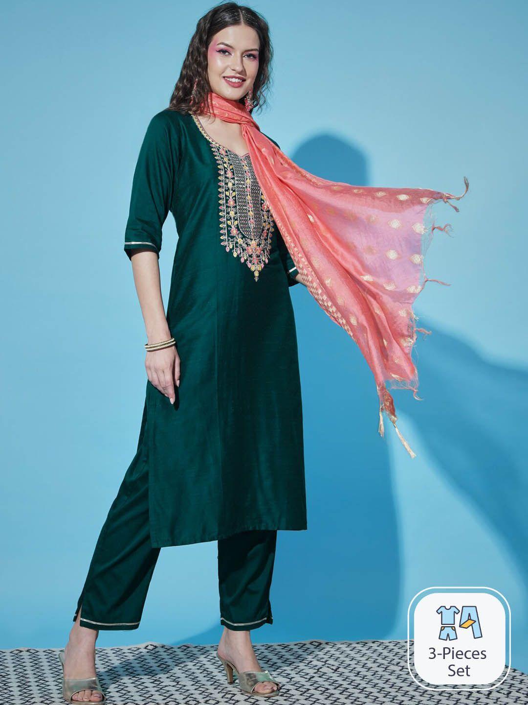 pptoss ethnic motifs embroidered kurta with trousers & with dupatta