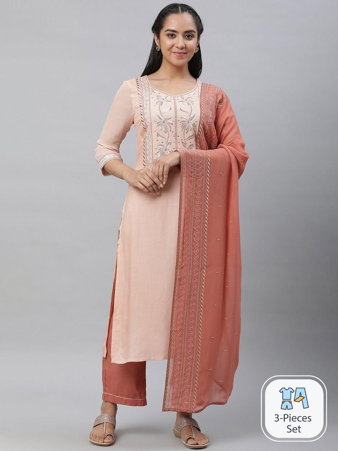 aurelia ethnic motifs embroidered regular kurta with palazzos & dupatta