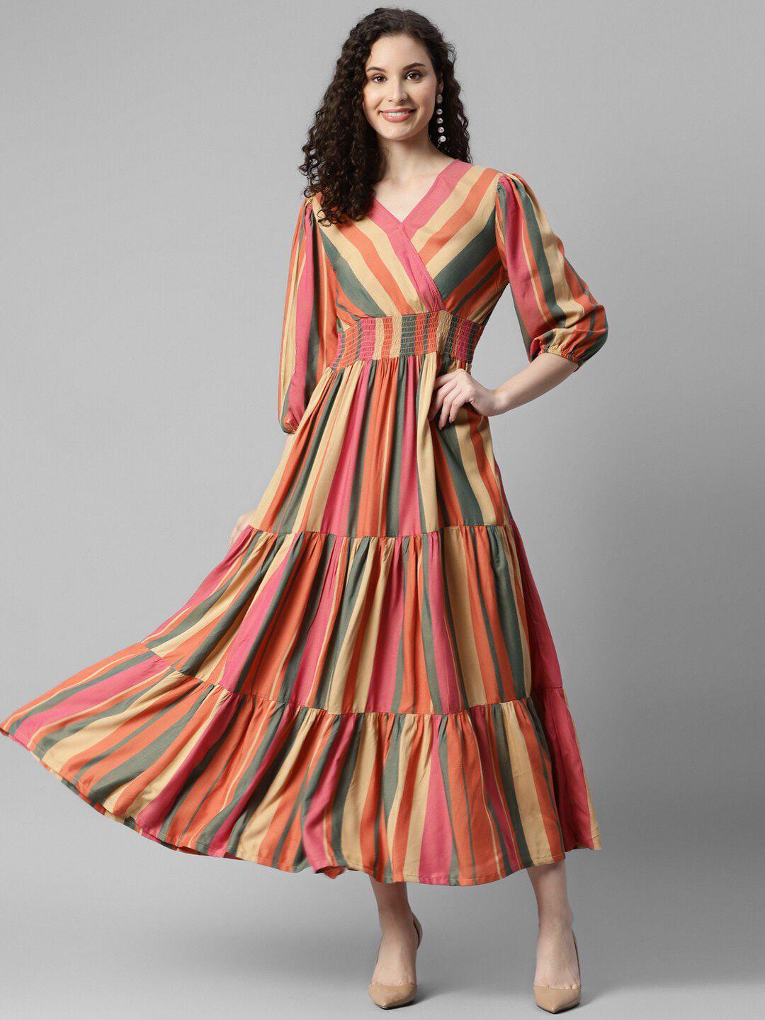 deebaco striped v-neck puff sleeve smocked tiered maxi dress