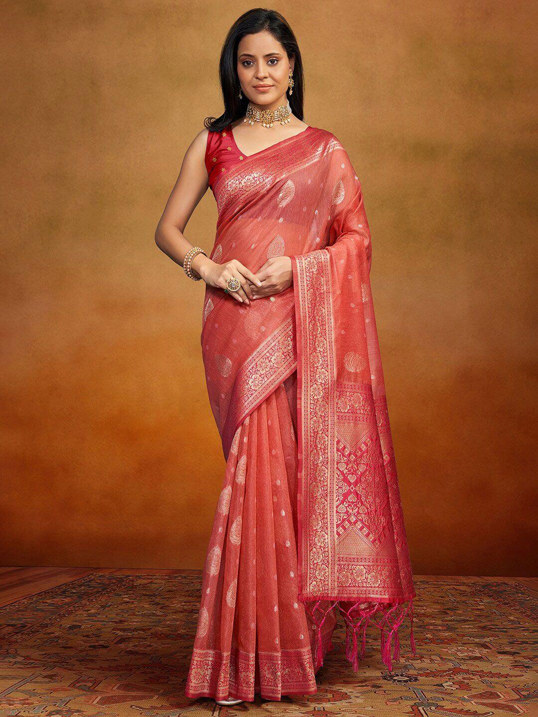 anouk peach coloured & gold toned ethnic motifs woven design zari satin banarasi saree