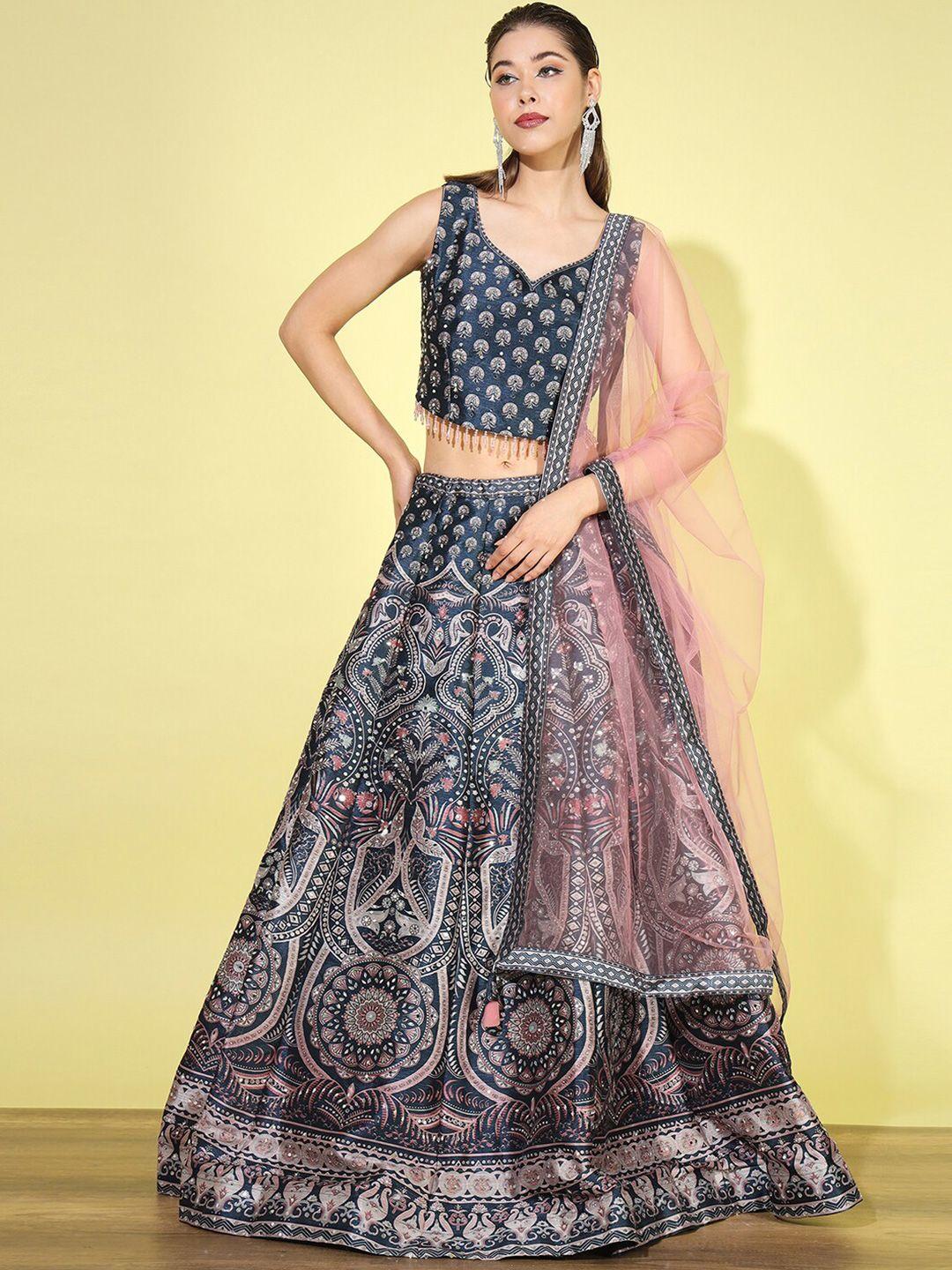 chhabra 555 ethnic motifs printed mirror work semi-stitched lehenga & blouse with dupatta