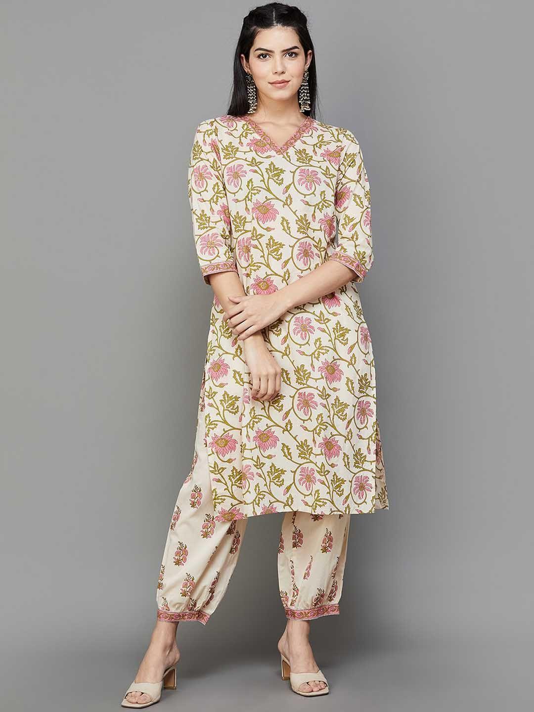 melange by lifestyle floral printed v-neck pure cotton kurta with patiala