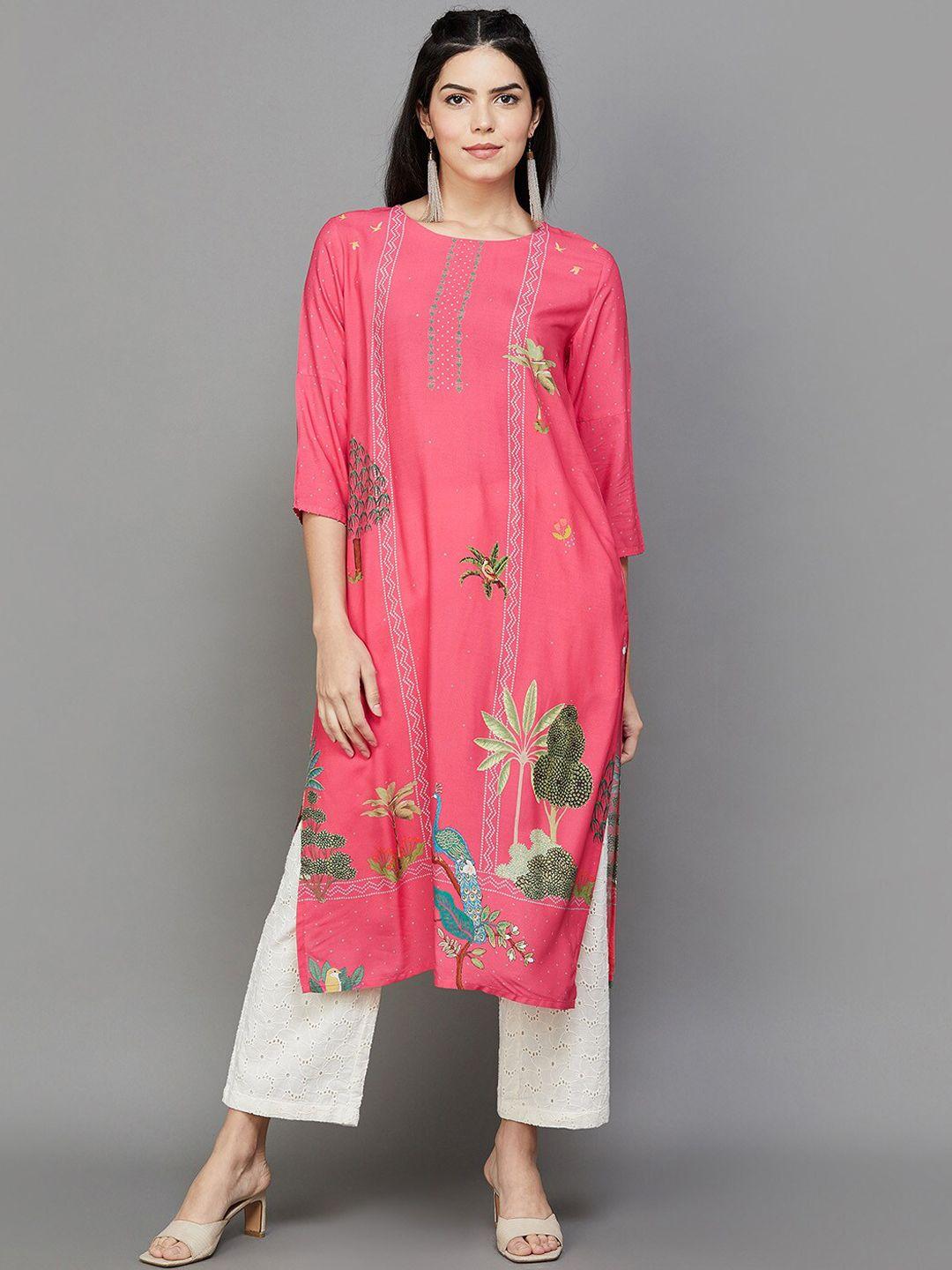 melange by lifestyle floral printed boat neck straight kurta