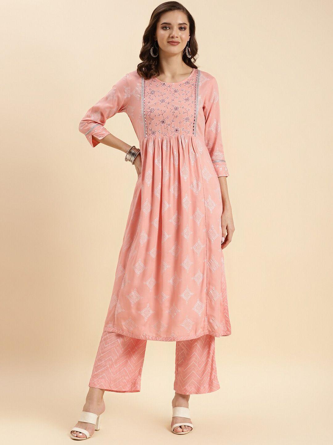 rangita floral printed thread work anarkali kurta with trousers