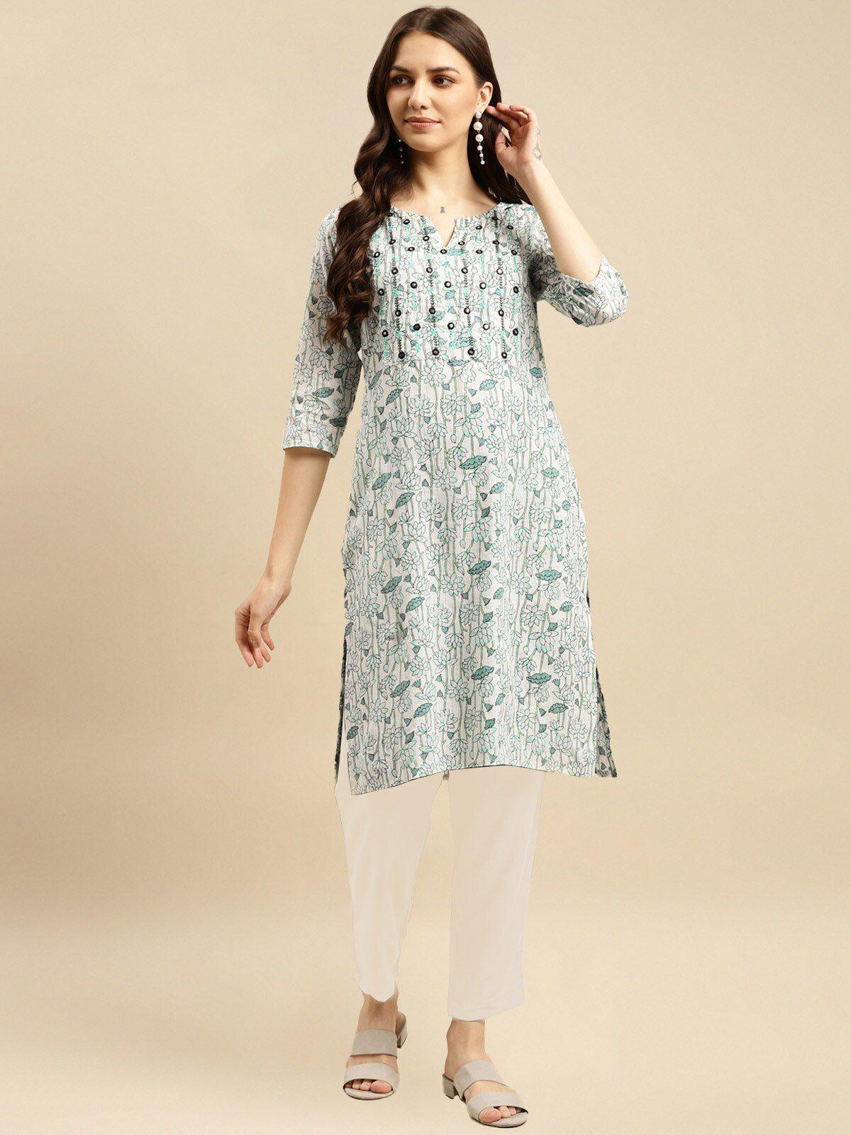 rangita floral printed mirror work pure cotton straight kurta with trousers