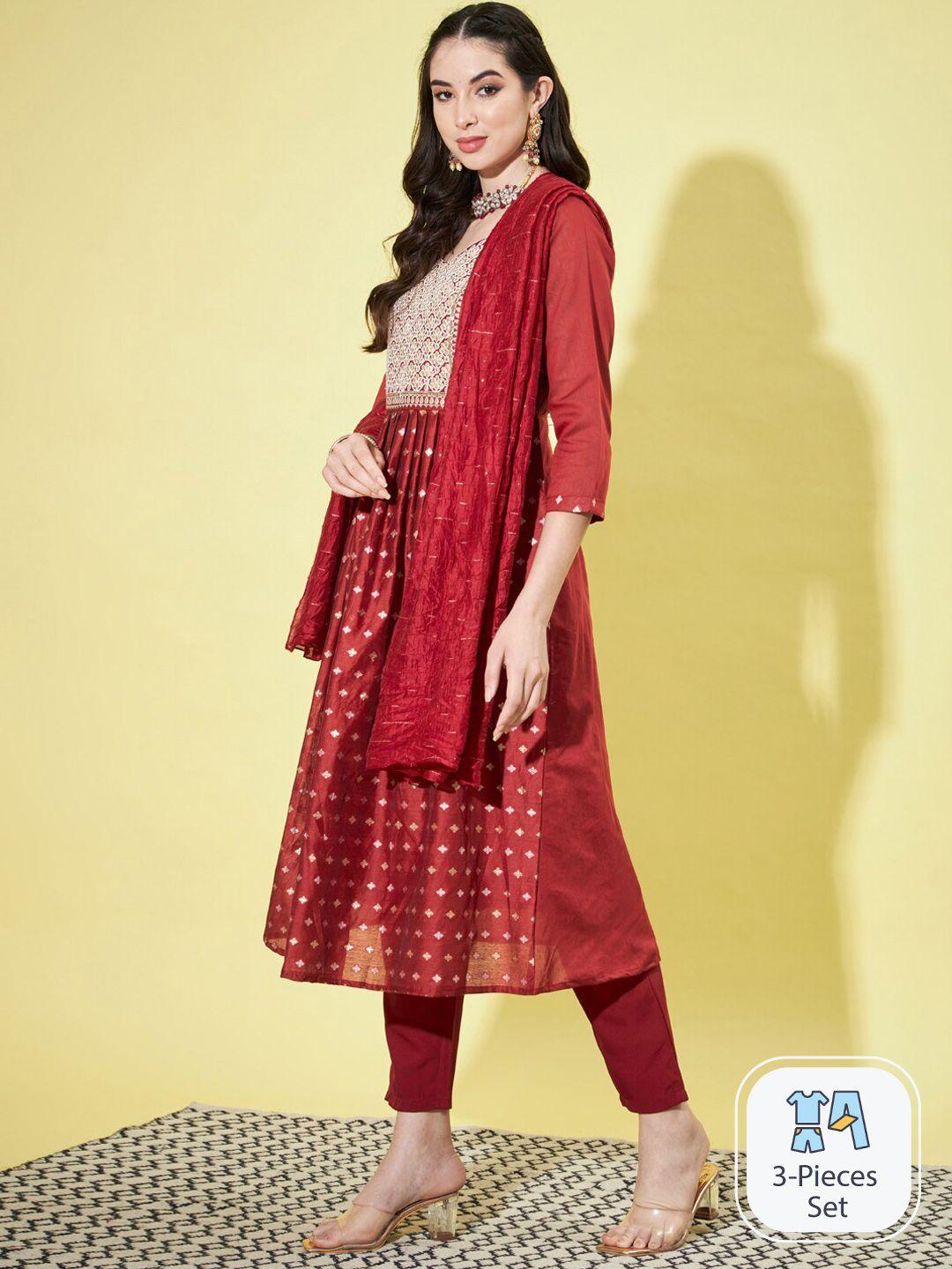 pptoss ethnic motifs embroidered thread work anarkali kurta with trousers & dupatta