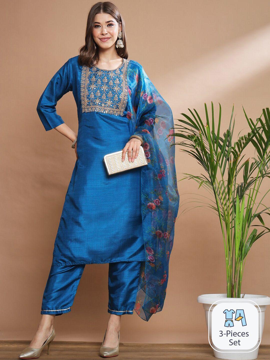 pptoss ethnic motifs embroidered thread work kurta with trousers & dupatta